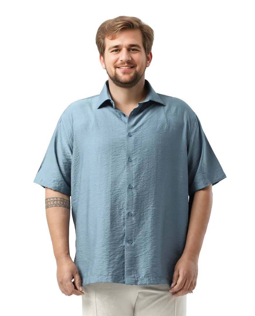 Rare Rabbit Men Torin Big Light Blue Cotton Fabric Half Sleeve Spread Collar Button Closure Plain Shirt
