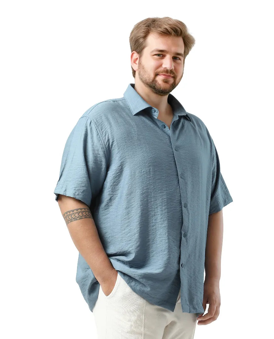 Rare Rabbit Men Torin Big Light Blue Cotton Fabric Half Sleeve Spread Collar Button Closure Plain Shirt