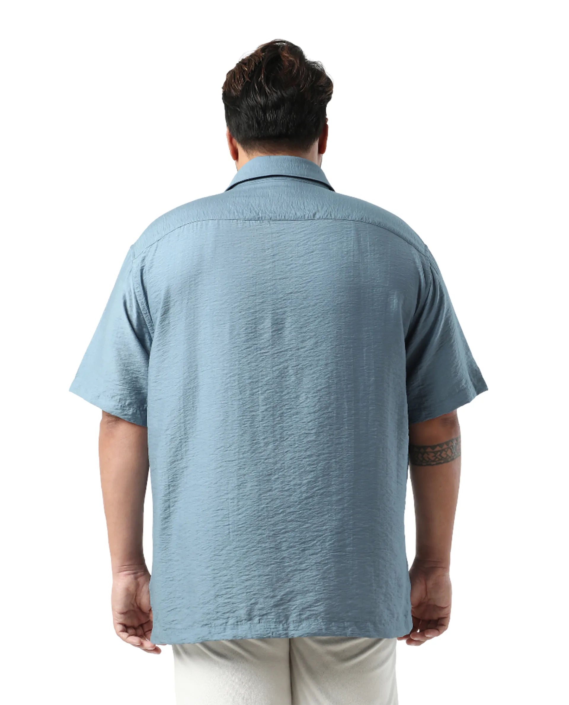 Rare Rabbit Men Torin Big Light Blue Cotton Fabric Half Sleeve Spread Collar Button Closure Plain Shirt