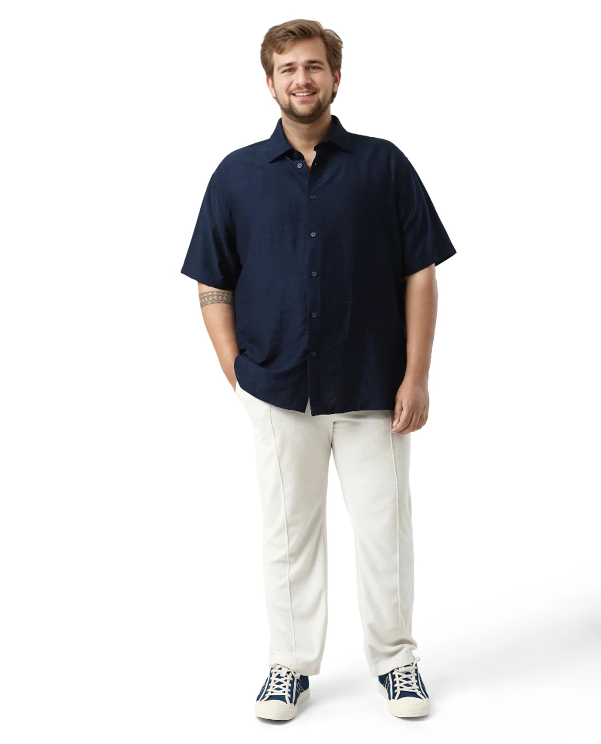 Rare Rabbit Men Torin Big Pastel Navy Cotton Fabric Half Sleeve Spread Collar Button Closure Plain Shirt