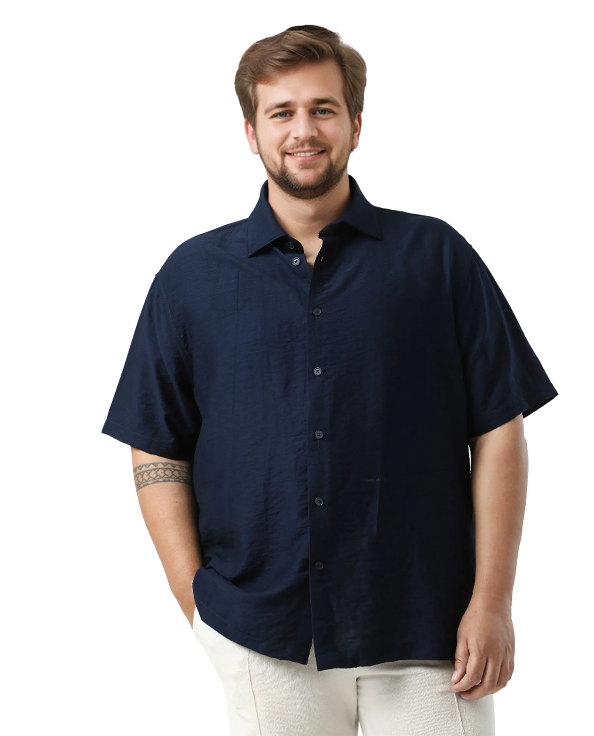 Rare Rabbit Men Torin Big Pastel Navy Cotton Fabric Half Sleeve Spread Collar Button Closure Plain Shirt