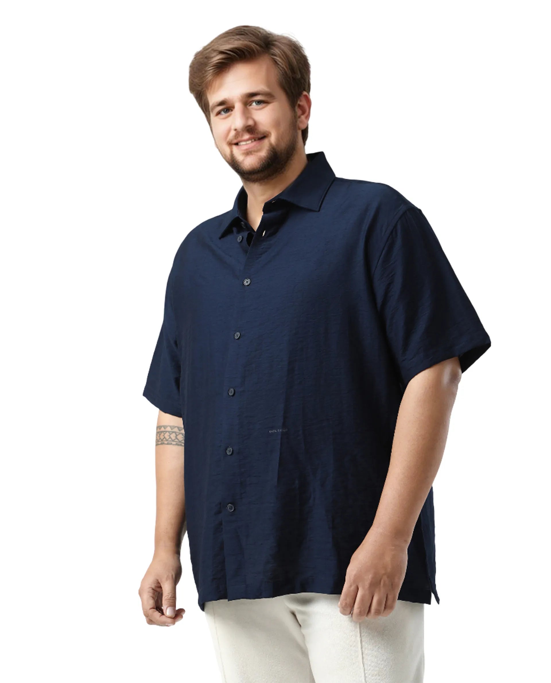 Rare Rabbit Men Torin Big Pastel Navy Cotton Fabric Half Sleeve Spread Collar Button Closure Plain Shirt