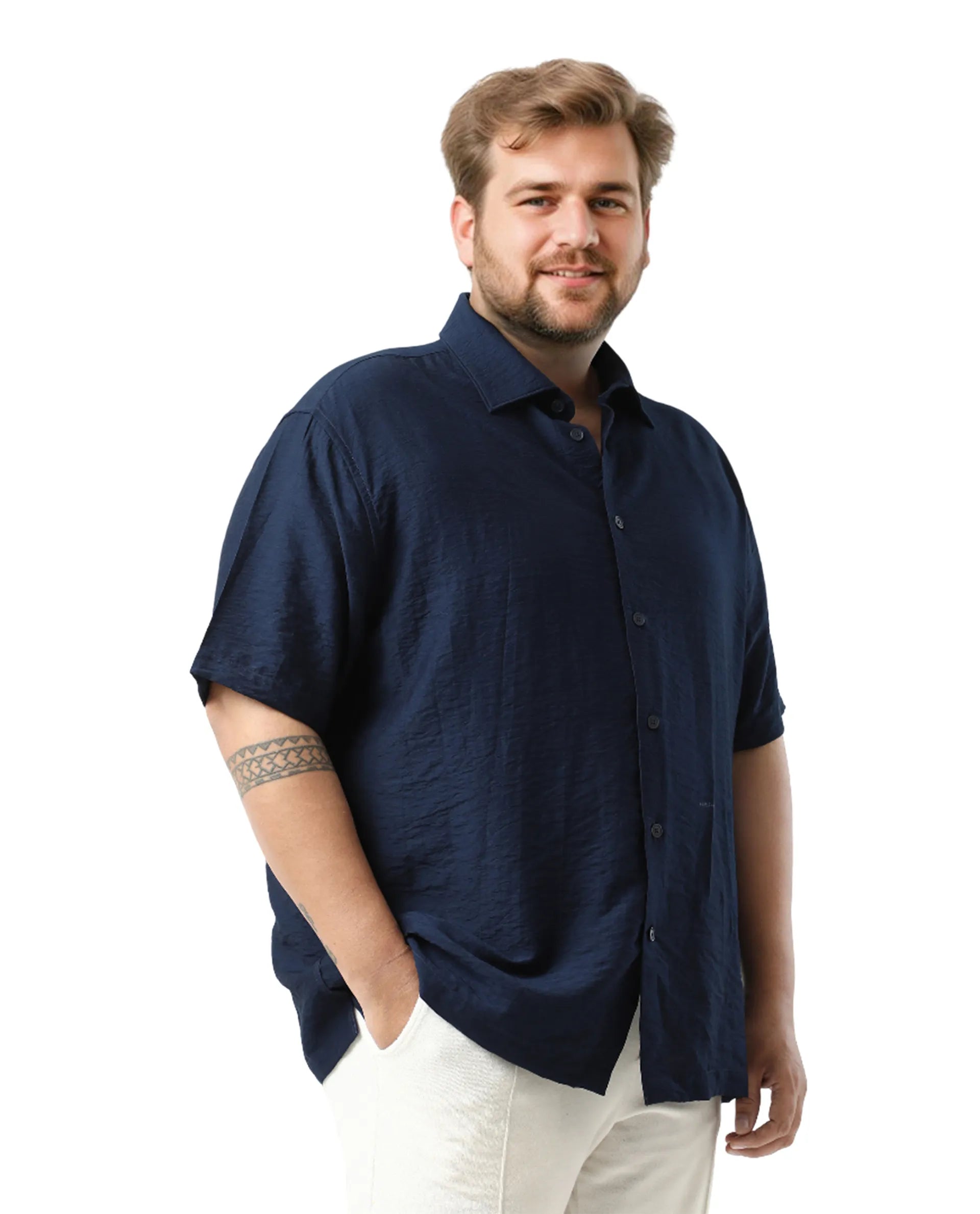 Rare Rabbit Men Torin Big Pastel Navy Cotton Fabric Half Sleeve Spread Collar Button Closure Plain Shirt