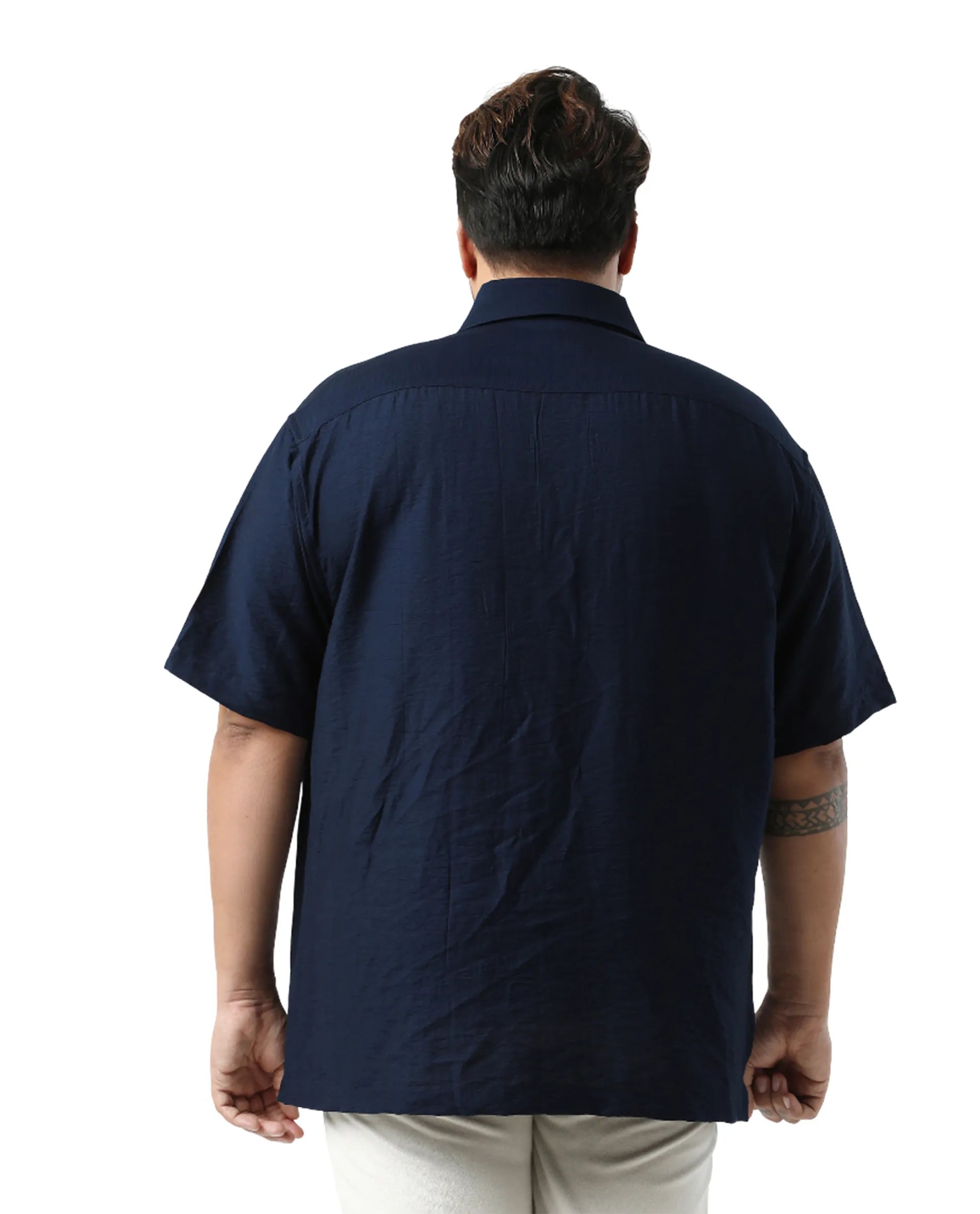 Rare Rabbit Men Torin Big Pastel Navy Cotton Fabric Half Sleeve Spread Collar Button Closure Plain Shirt