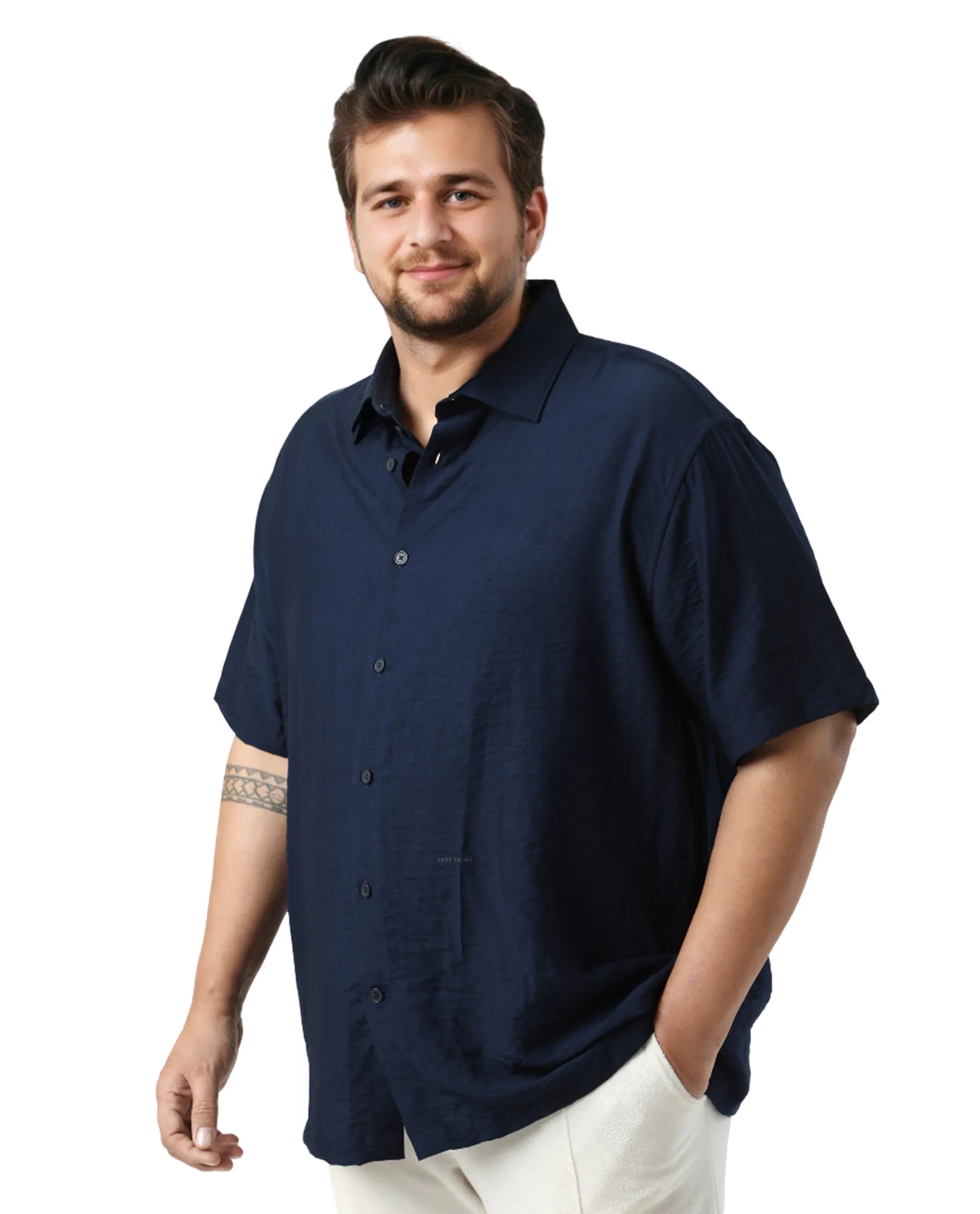 Rare Rabbit Men Torin Big Pastel Navy Cotton Fabric Half Sleeve Spread Collar Button Closure Plain Shirt