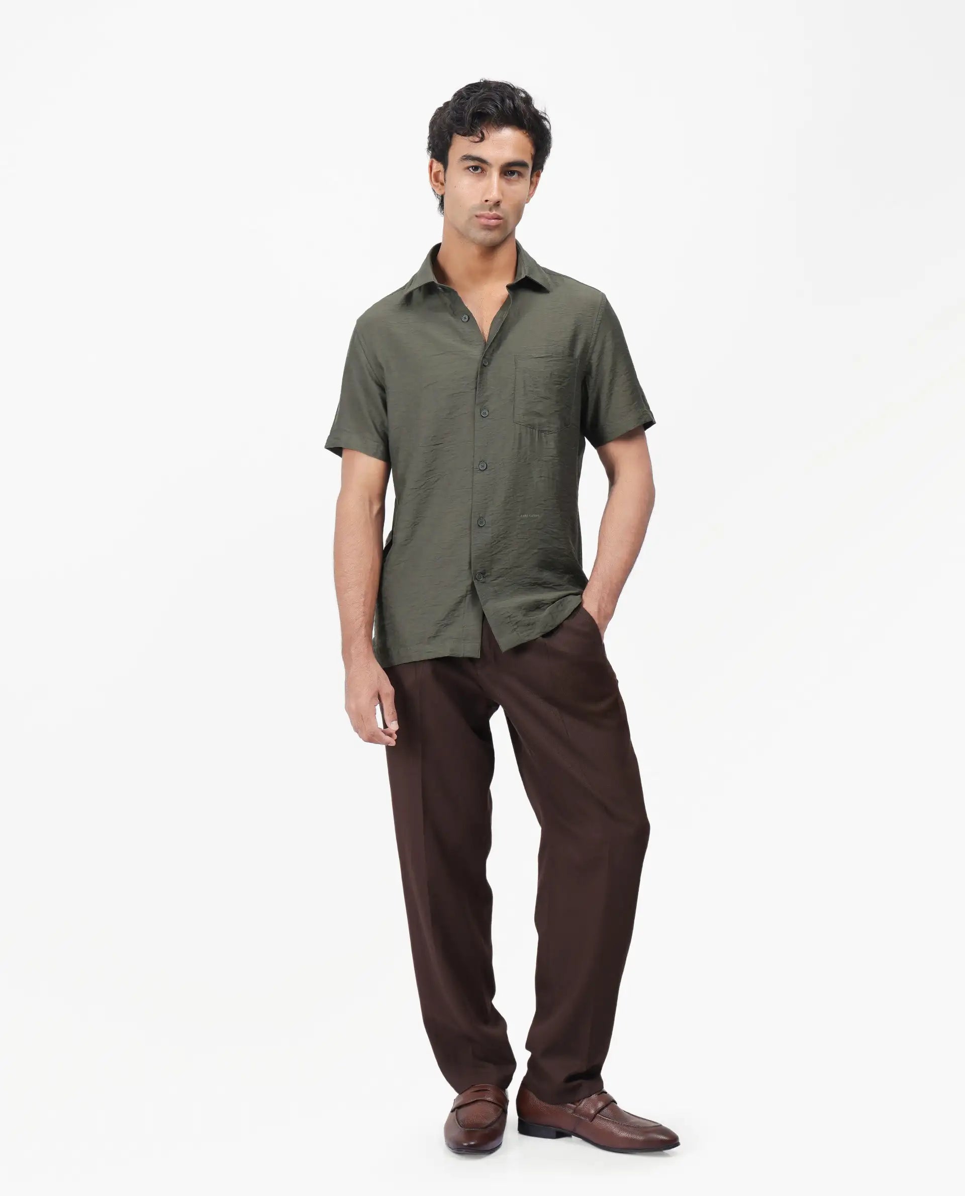 Rare Rabbit Men's Torit Dark Olive Viscose Blend Plain Regular Fit Half Sleeve Collared Shirt