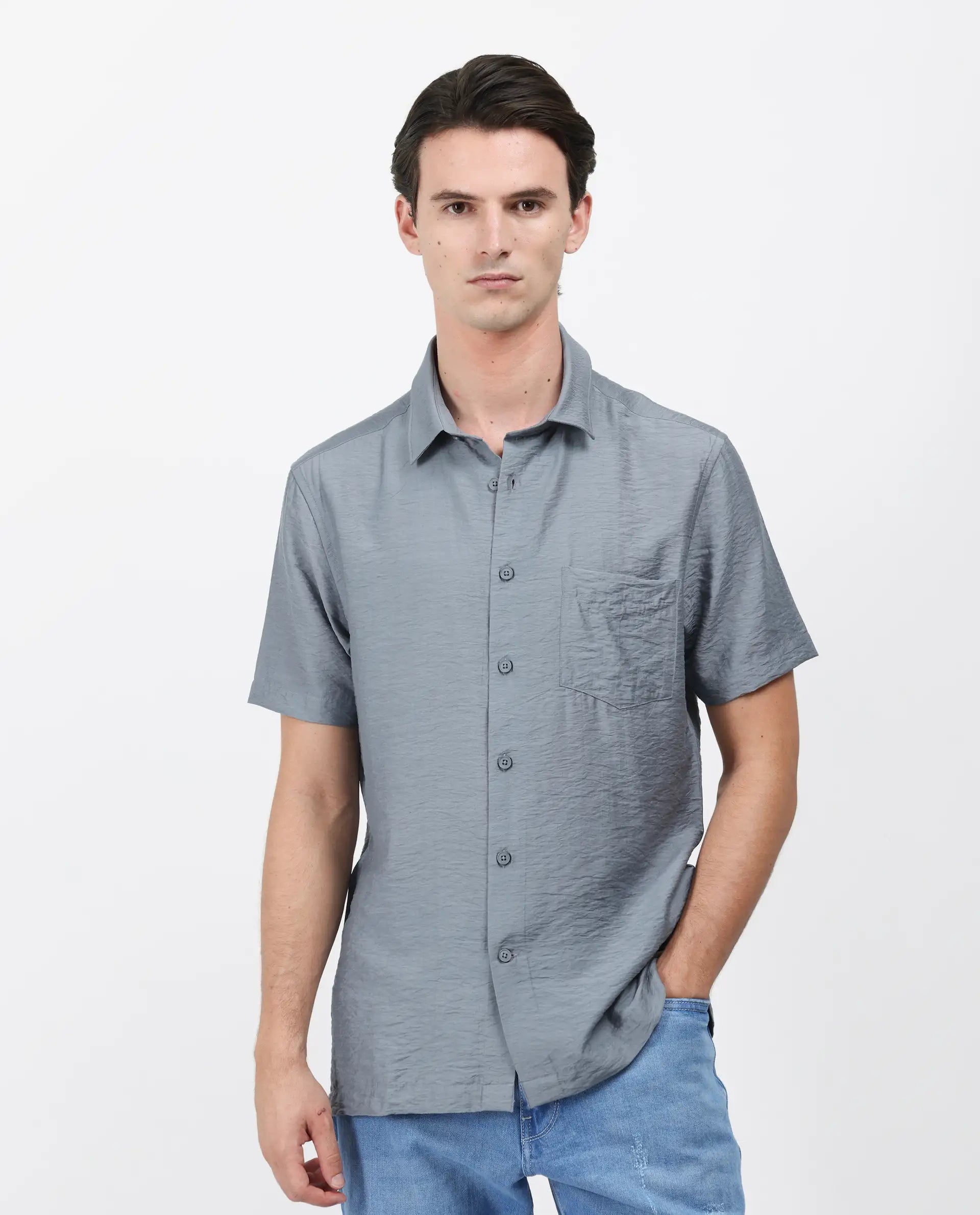 Rare Rabbit Men's Torit Dusky Blue Viscose Blend Plain Regular Fit Half Sleeve Collared Shirt