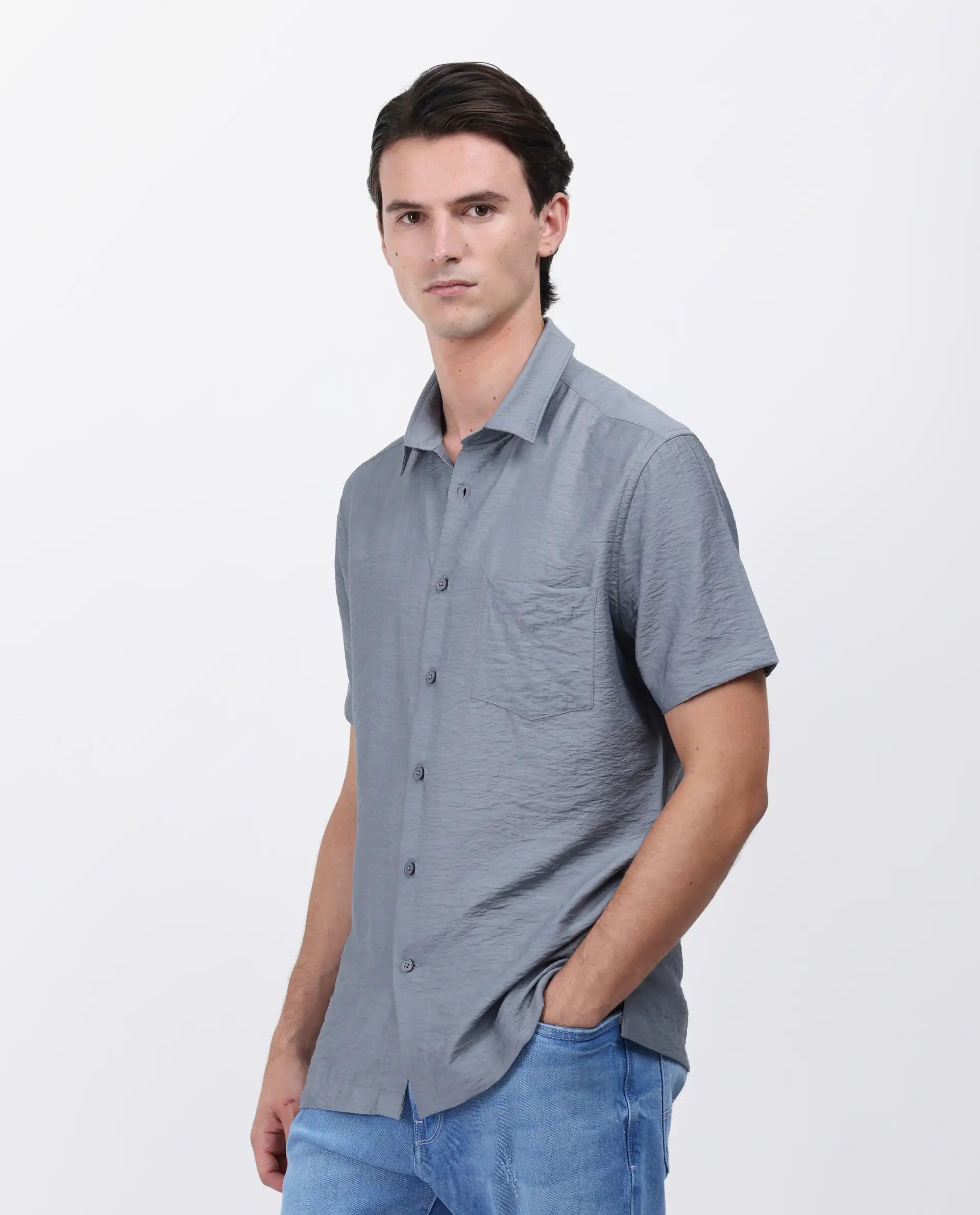 Rare Rabbit Men's Torit Dusky Blue Viscose Blend Plain Regular Fit Half Sleeve Collared Shirt