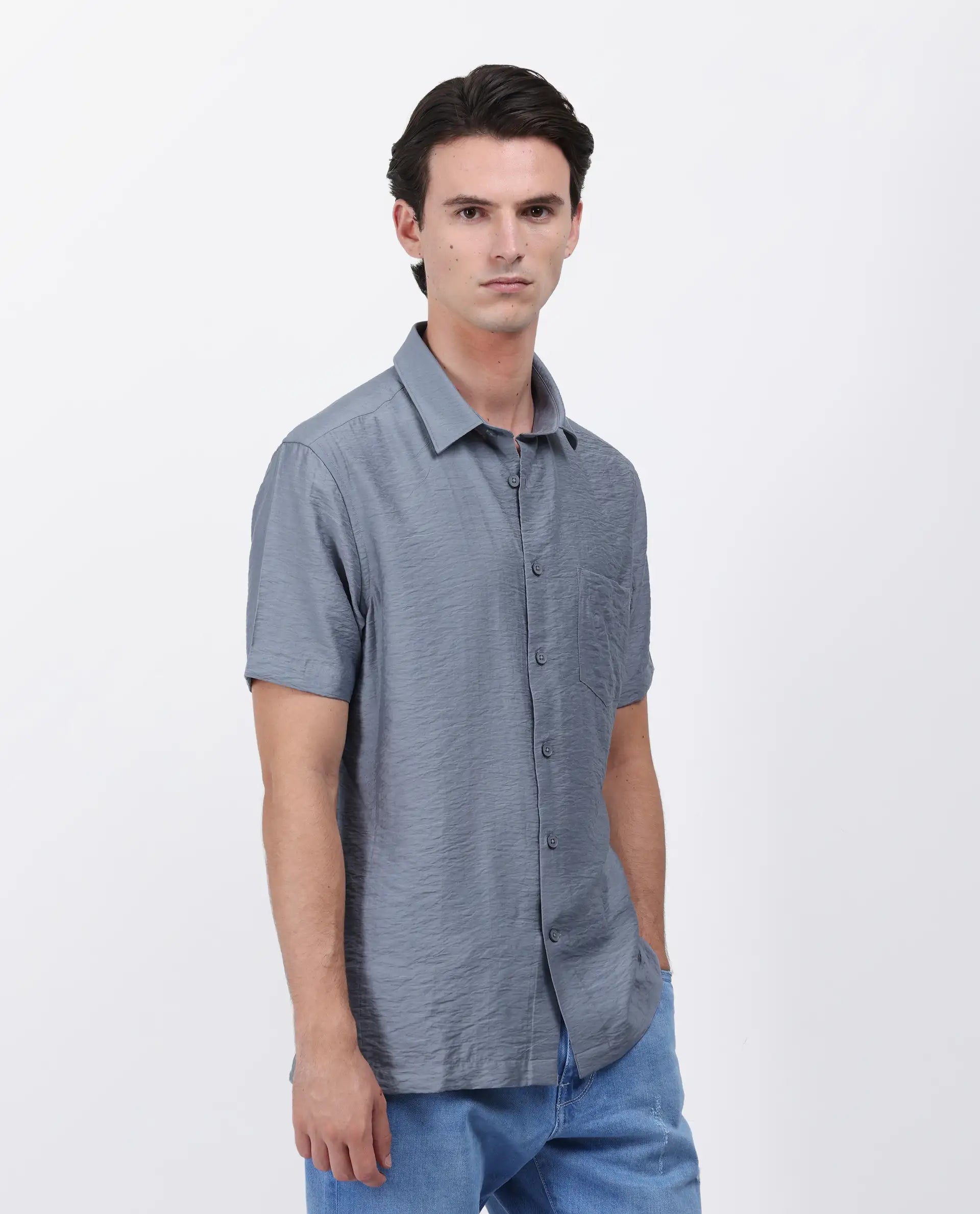 Rare Rabbit Men's Torit Dusky Blue Viscose Blend Plain Regular Fit Half Sleeve Collared Shirt