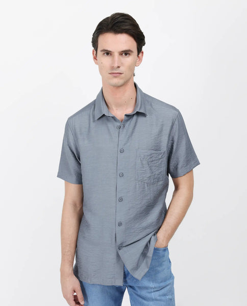 Rare Rabbit Men's Torit Dusky Blue Viscose Blend Plain Regular Fit Hal