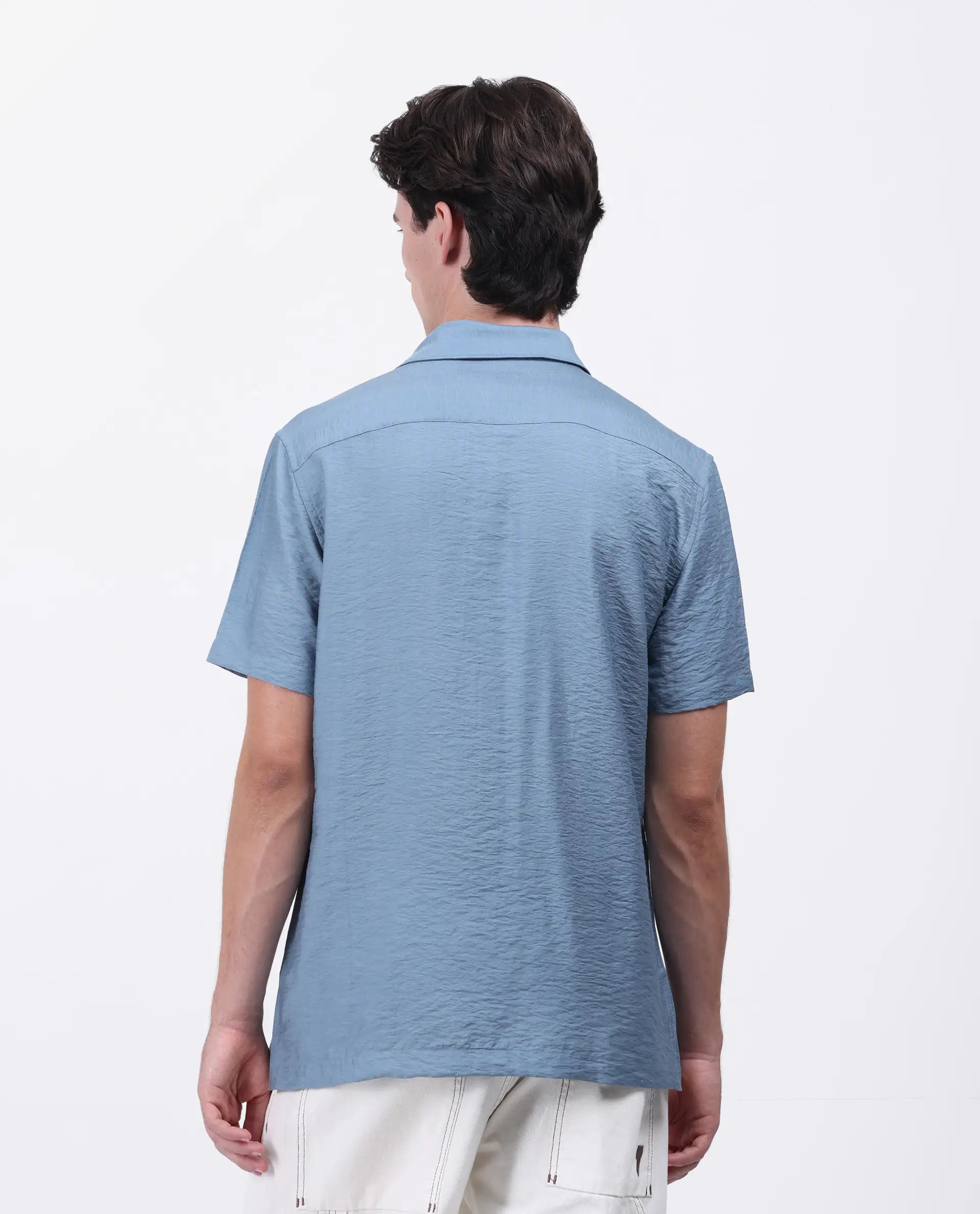 Rare Rabbit Men's Torit Light Blue Viscose Blend Plain Regular Fit Half Sleeve Collared Shirt