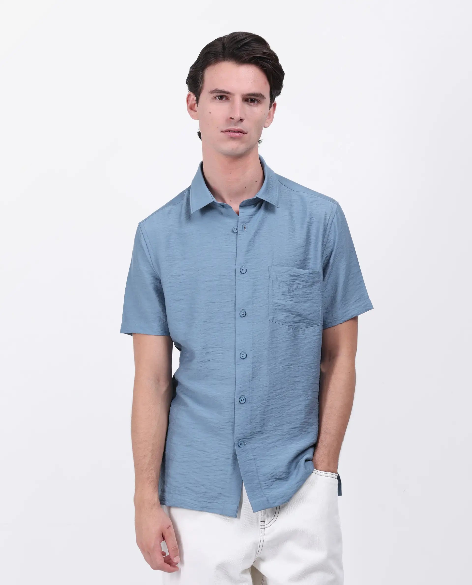 Rare Rabbit Men's Torit Light Blue Viscose Blend Plain Regular Fit Half Sleeve Collared Shirt