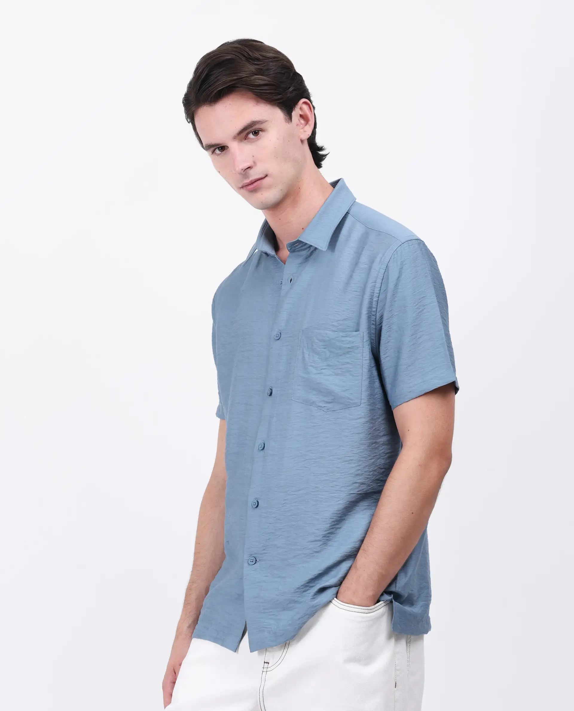 Rare Rabbit Men's Torit Light Blue Viscose Blend Plain Regular Fit Half Sleeve Collared Shirt