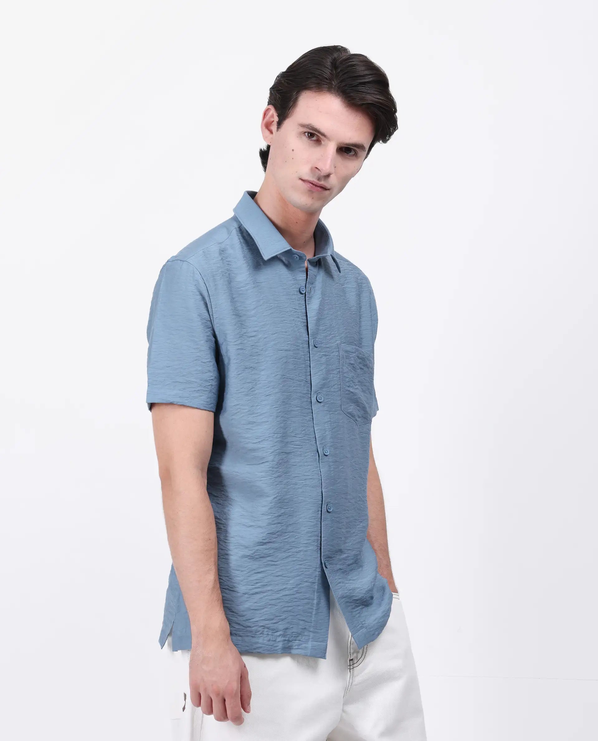 Rare Rabbit Men's Torit Light Blue Viscose Blend Plain Regular Fit Half Sleeve Collared Shirt