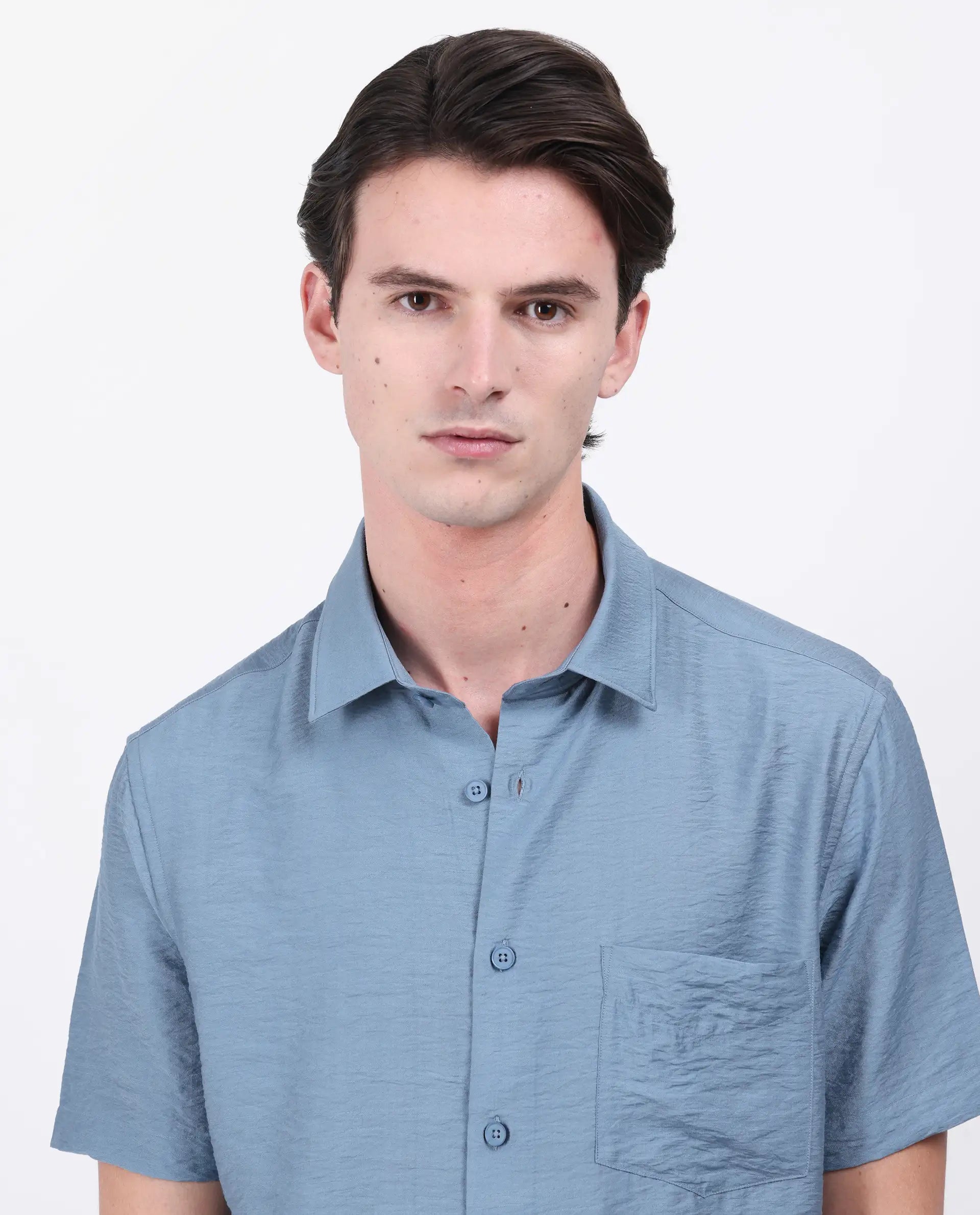 Rare Rabbit Men's Torit Light Blue Viscose Blend Plain Regular Fit Half Sleeve Collared Shirt
