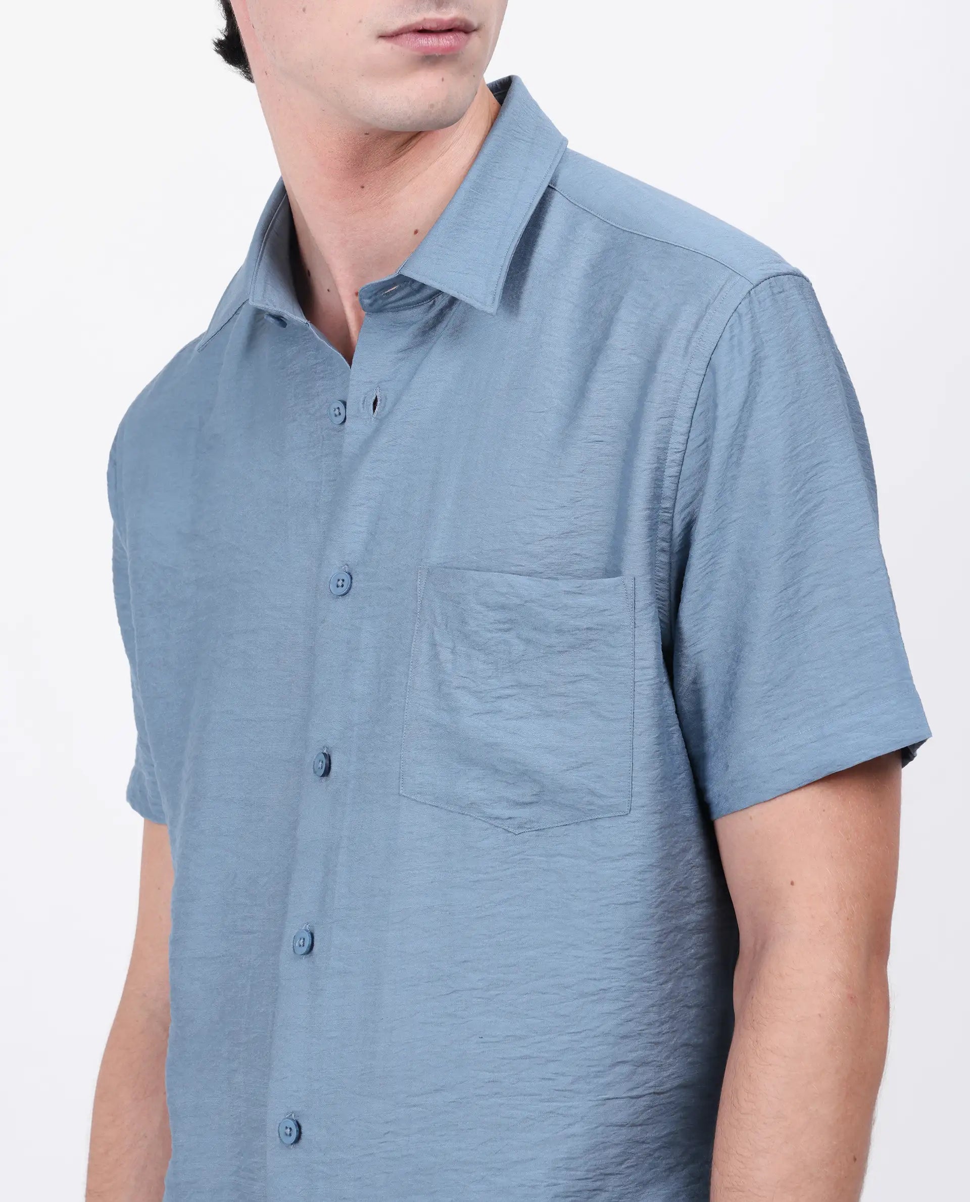 Rare Rabbit Men's Torit Light Blue Viscose Blend Plain Regular Fit Half Sleeve Collared Shirt