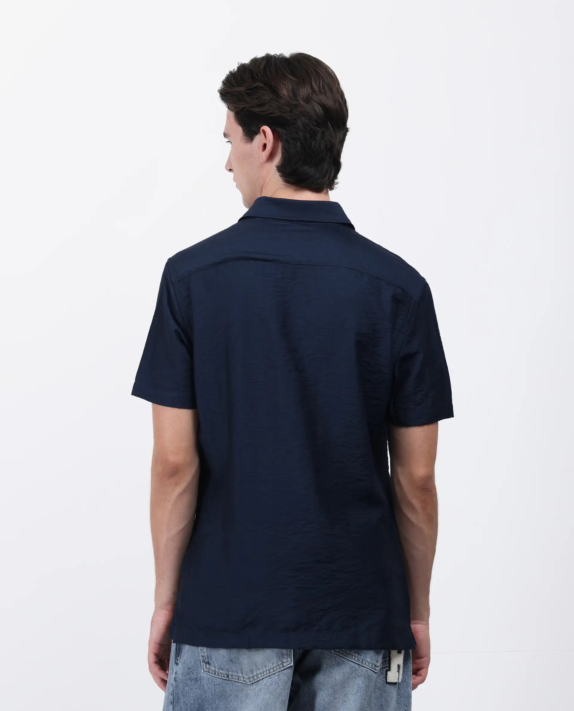 Rare Rabbit Men's Torit Pastel Navy Viscose Blend Plain Regular Fit Half Sleeve Collared Shirt