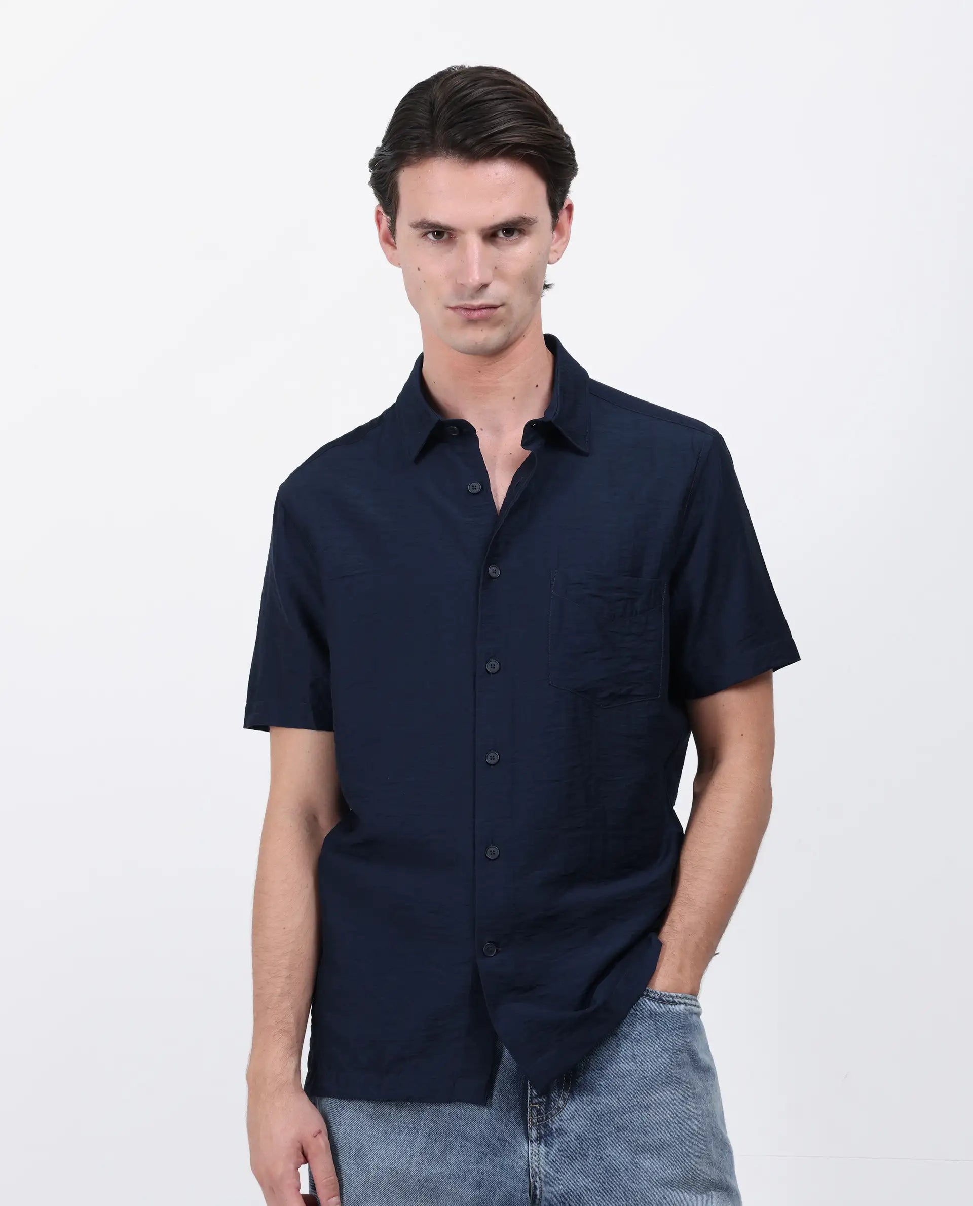 Rare Rabbit Men's Torit Pastel Navy Viscose Blend Plain Regular Fit Half Sleeve Collared Shirt