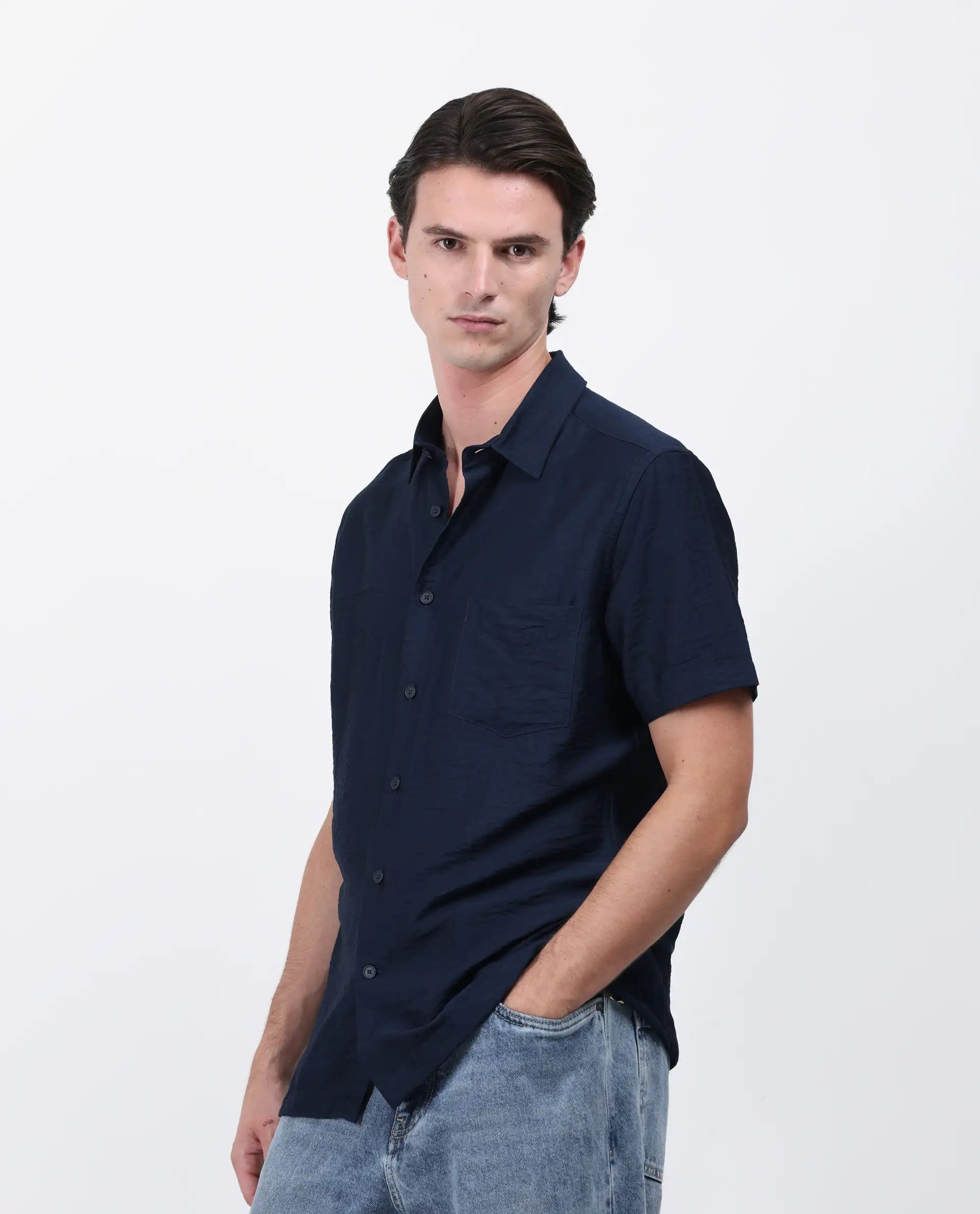 Rare Rabbit Men's Torit Pastel Navy Viscose Blend Plain Regular Fit Half Sleeve Collared Shirt