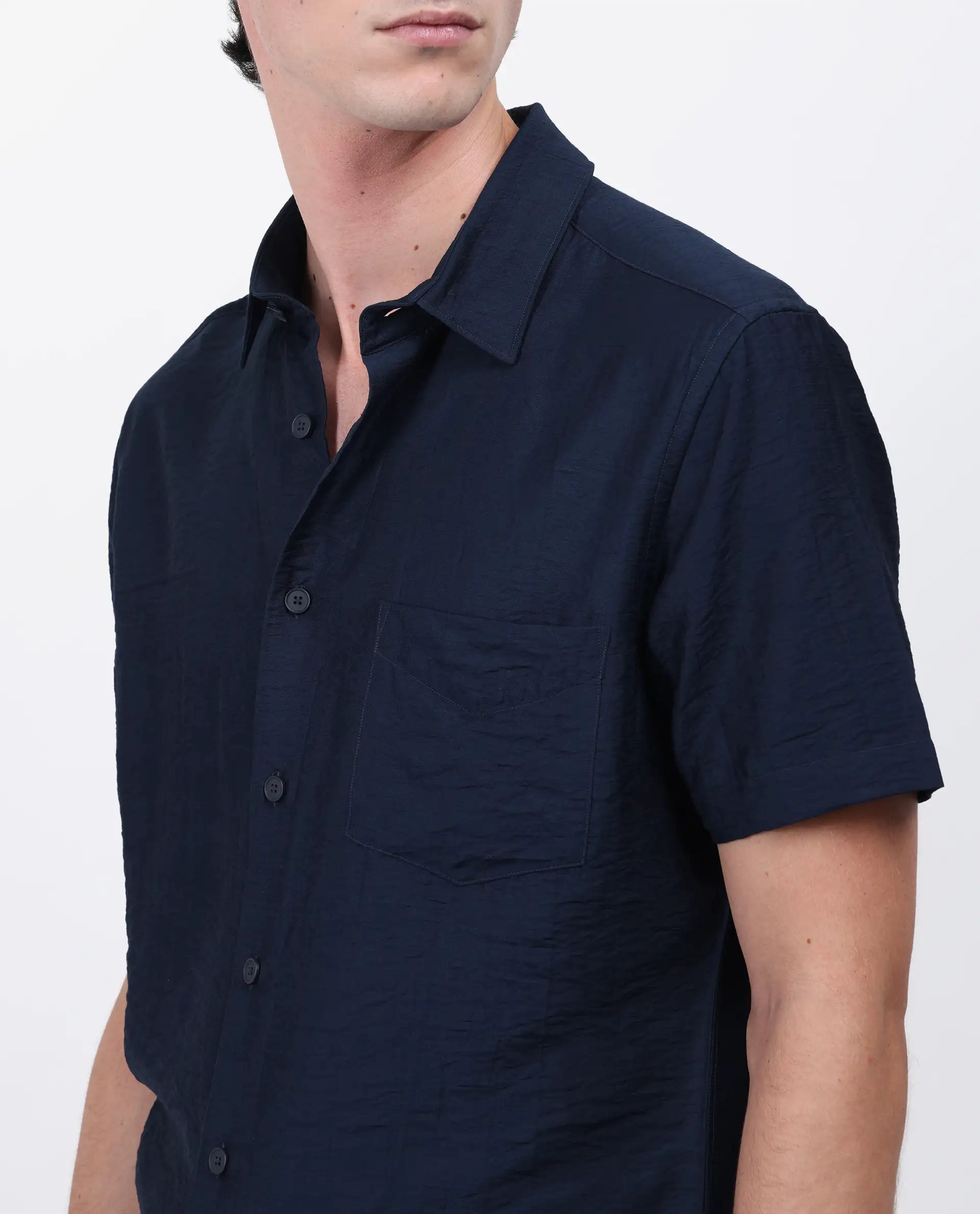 Rare Rabbit Men's Torit Pastel Navy Viscose Blend Plain Regular Fit Half Sleeve Collared Shirt