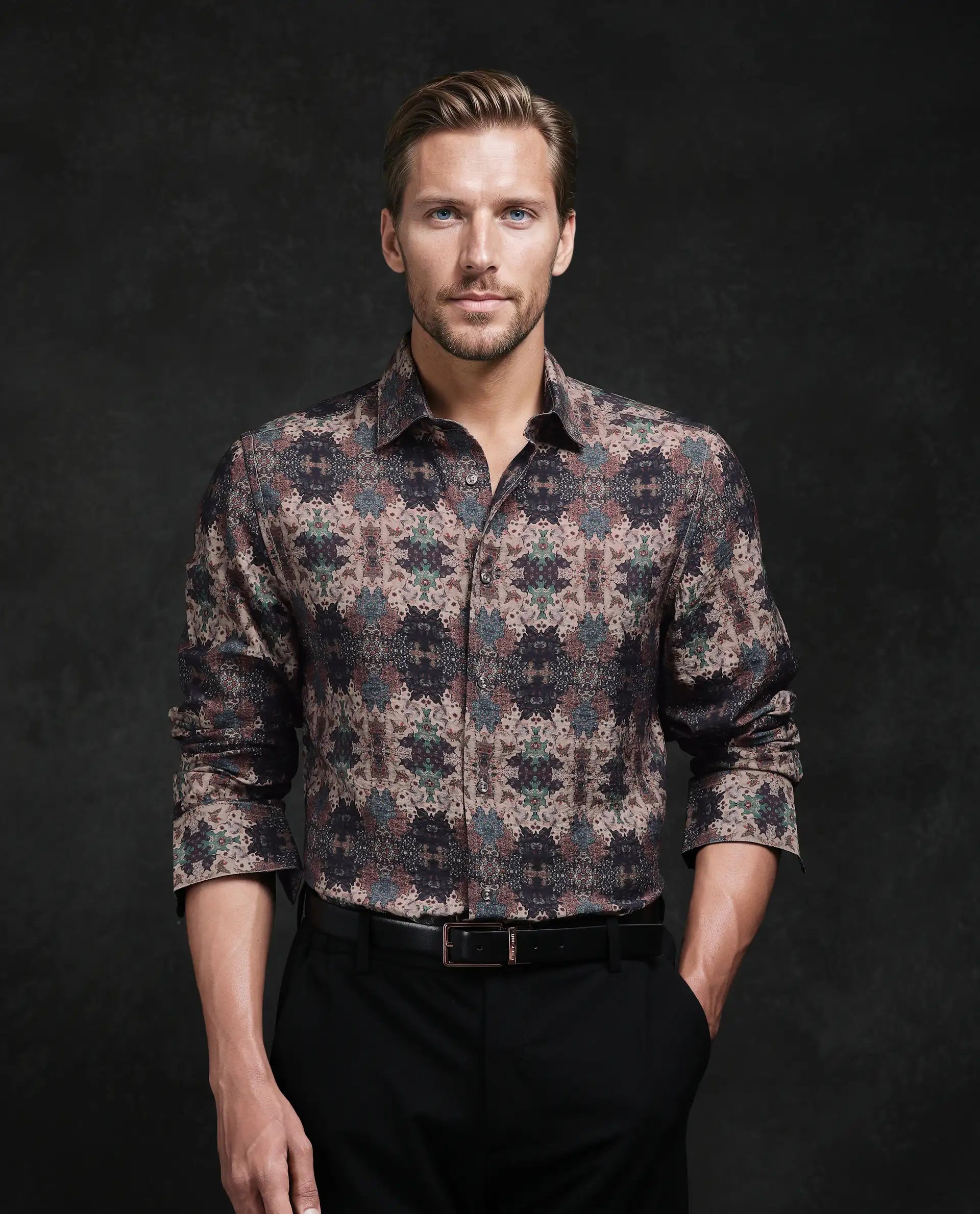 Rare Rabbit Men's Viscose Blend Abstract Print Regular Fit Full Sleeve Collared Shirt