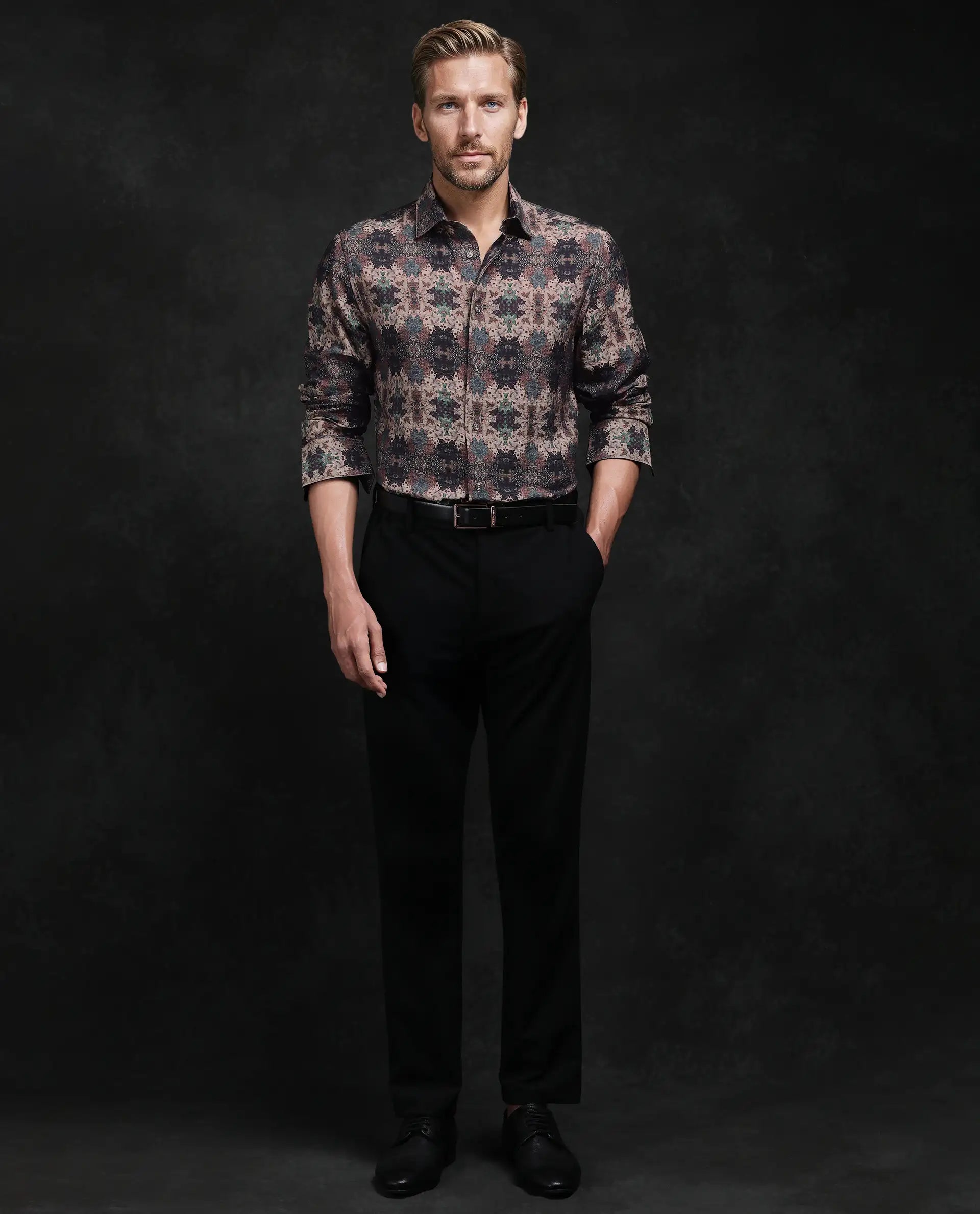 Rare Rabbit Men's Viscose Blend Abstract Print Regular Fit Full Sleeve Collared Shirt