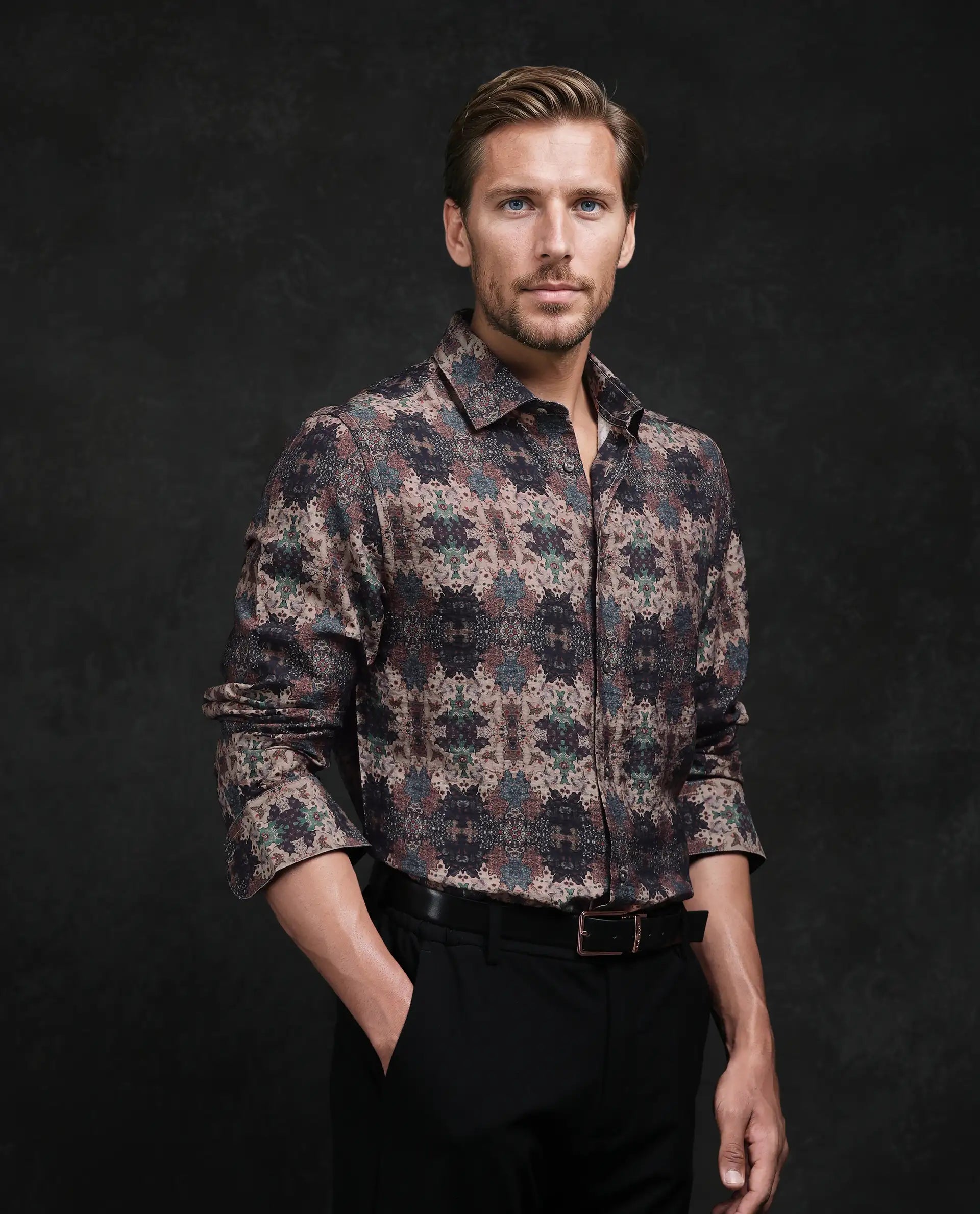 Rare Rabbit Men's Viscose Blend Abstract Print Regular Fit Full Sleeve Collared Shirt