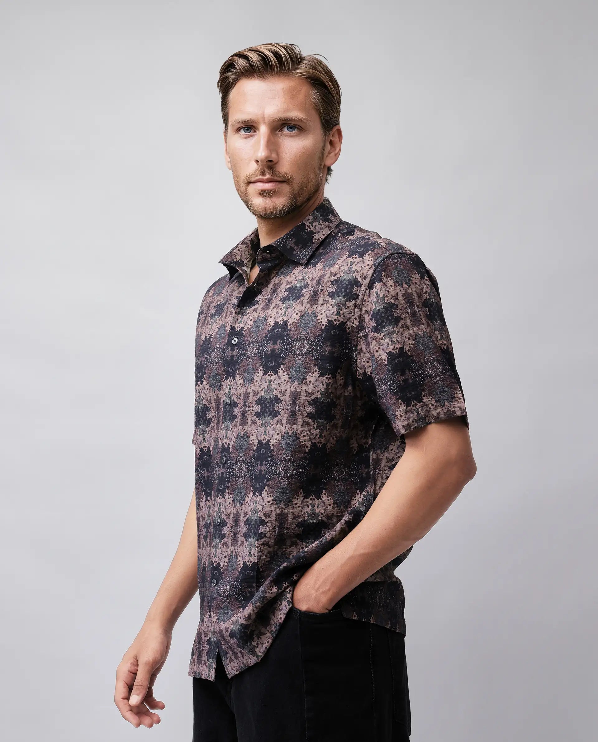 Rare Rabbit Men's Toro-Ss Brown Viscose Blend Abstract Print Regular Fit Half Sleeve Collared Shirt