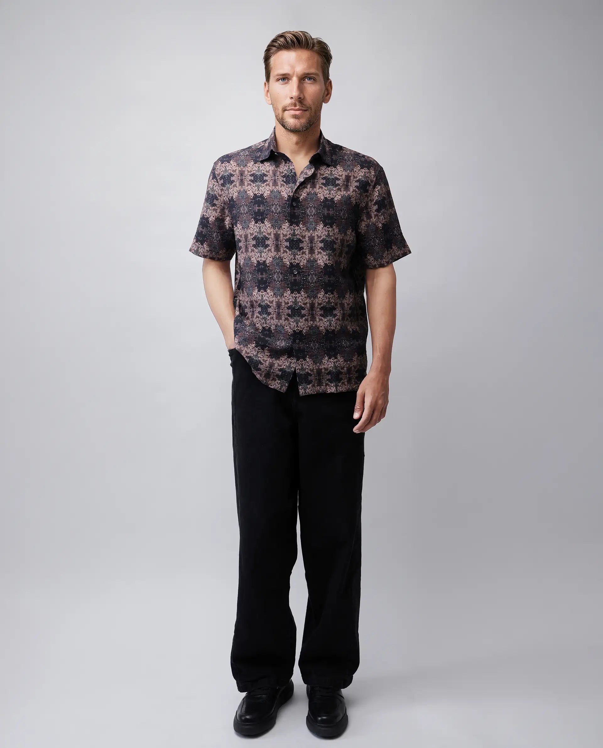 Rare Rabbit Men's Toro-Ss Brown Viscose Blend Abstract Print Regular Fit Half Sleeve Collared Shirt