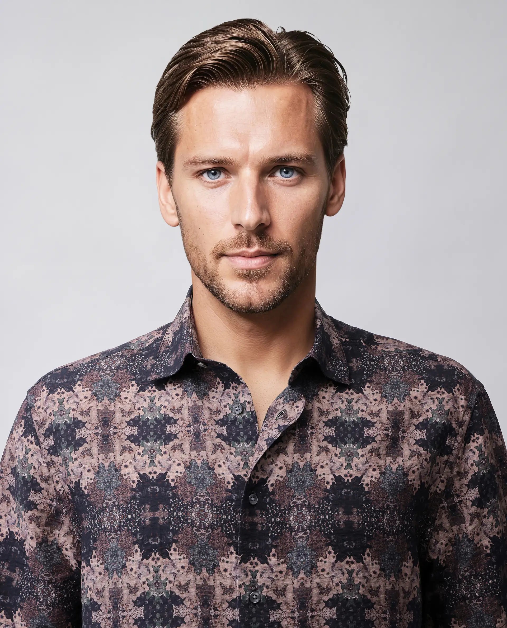 Rare Rabbit Men's Toro-Ss Brown Viscose Blend Abstract Print Regular Fit Half Sleeve Collared Shirt