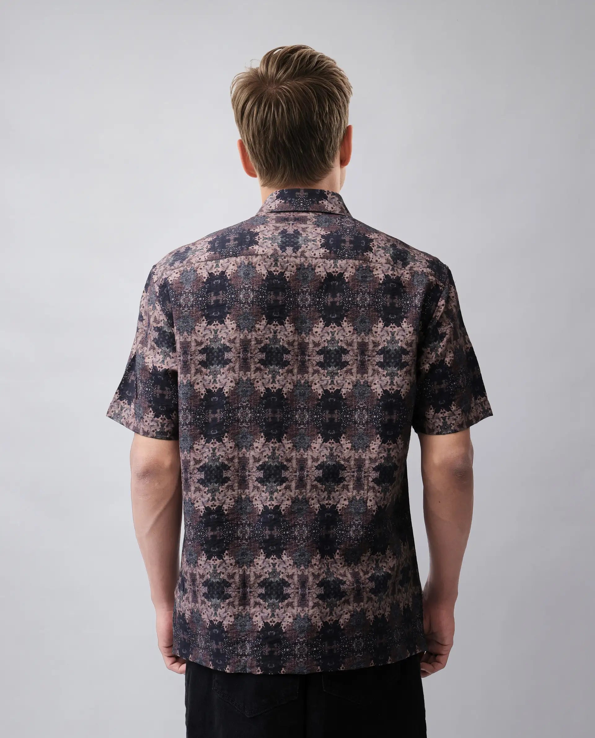 Rare Rabbit Men's Toro-Ss Brown Viscose Blend Abstract Print Regular Fit Half Sleeve Collared Shirt