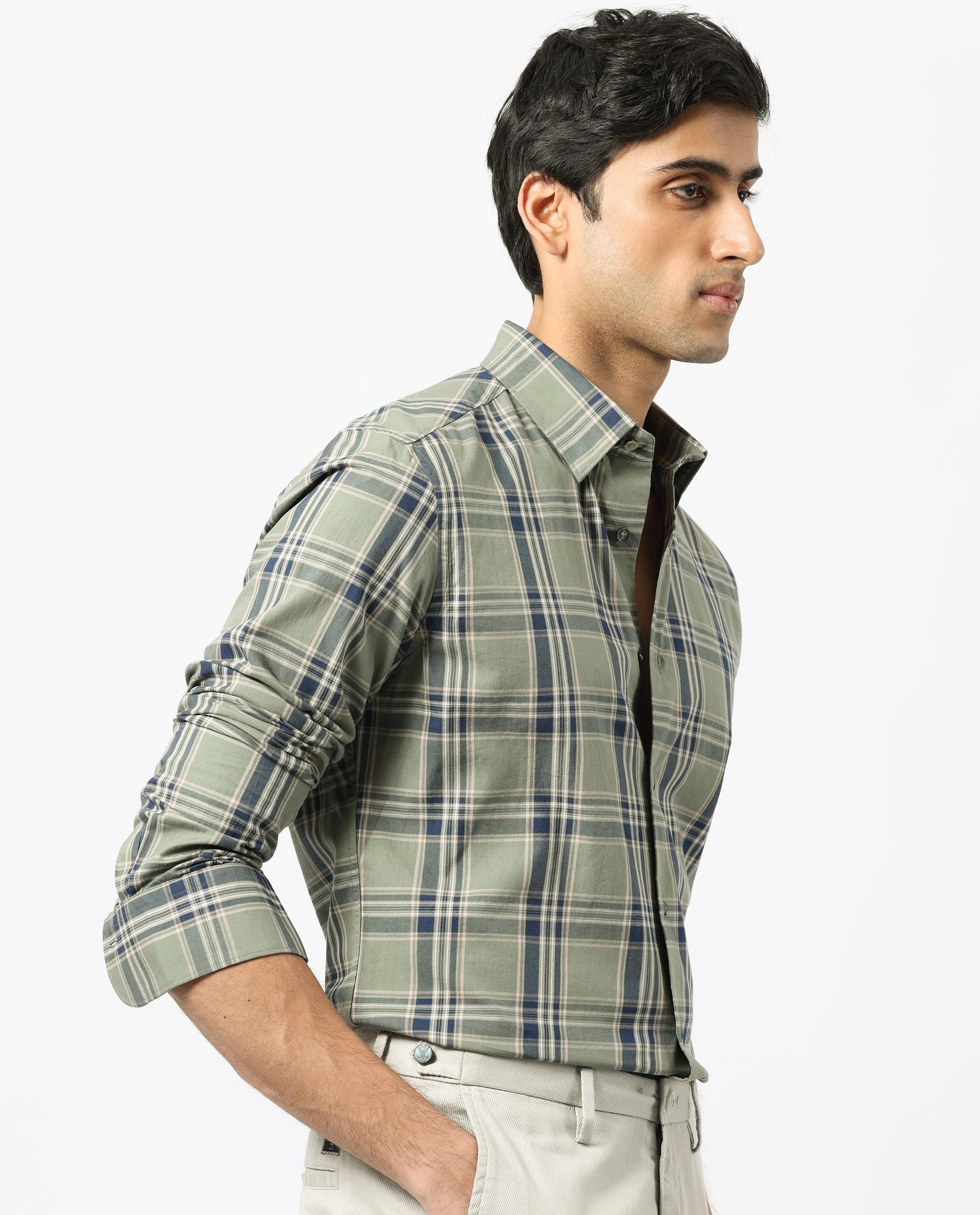 Rare Rabbit Men's Torrey Olive Cotton Fabric Full Sleeves Checks Shirt