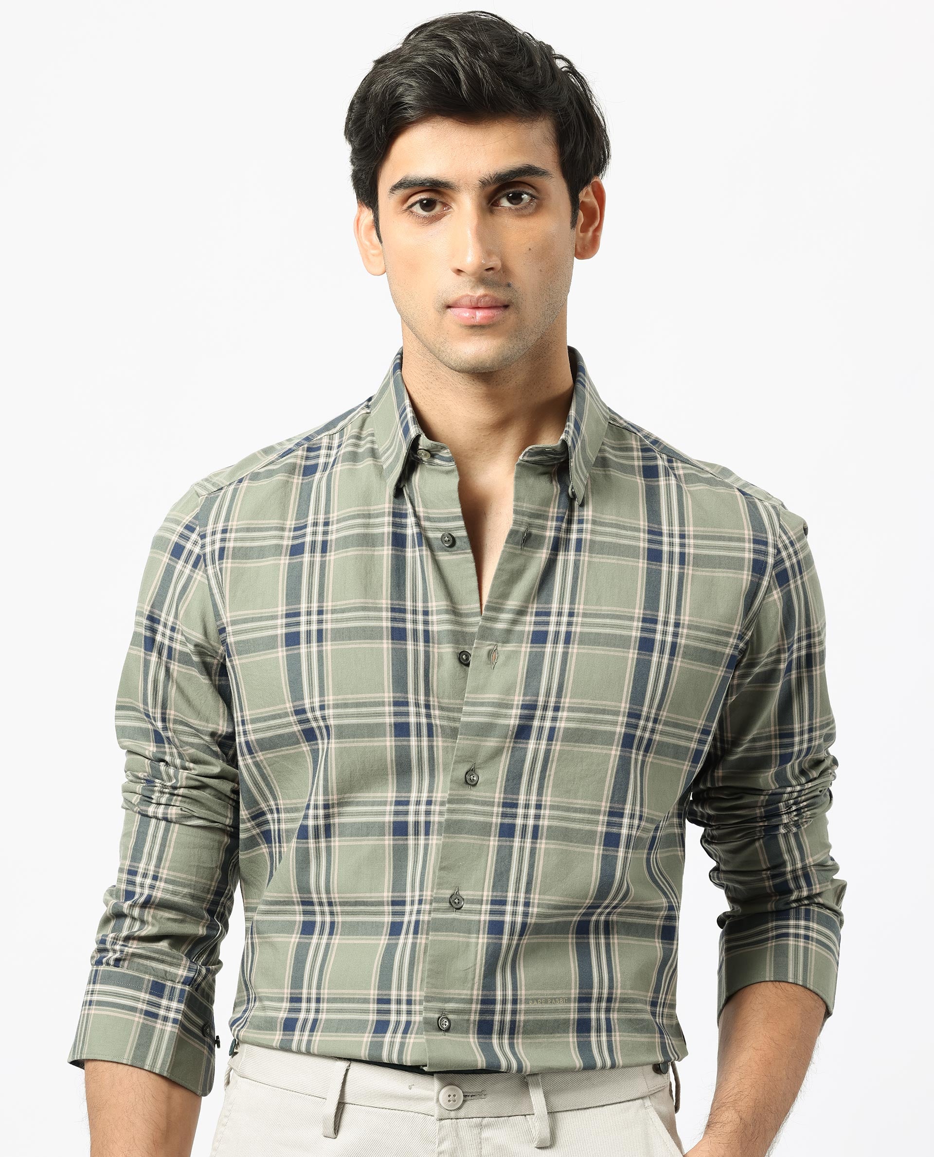 Rare Rabbit Men's Torrey Olive Cotton Fabric Full Sleeves Checks Shirt