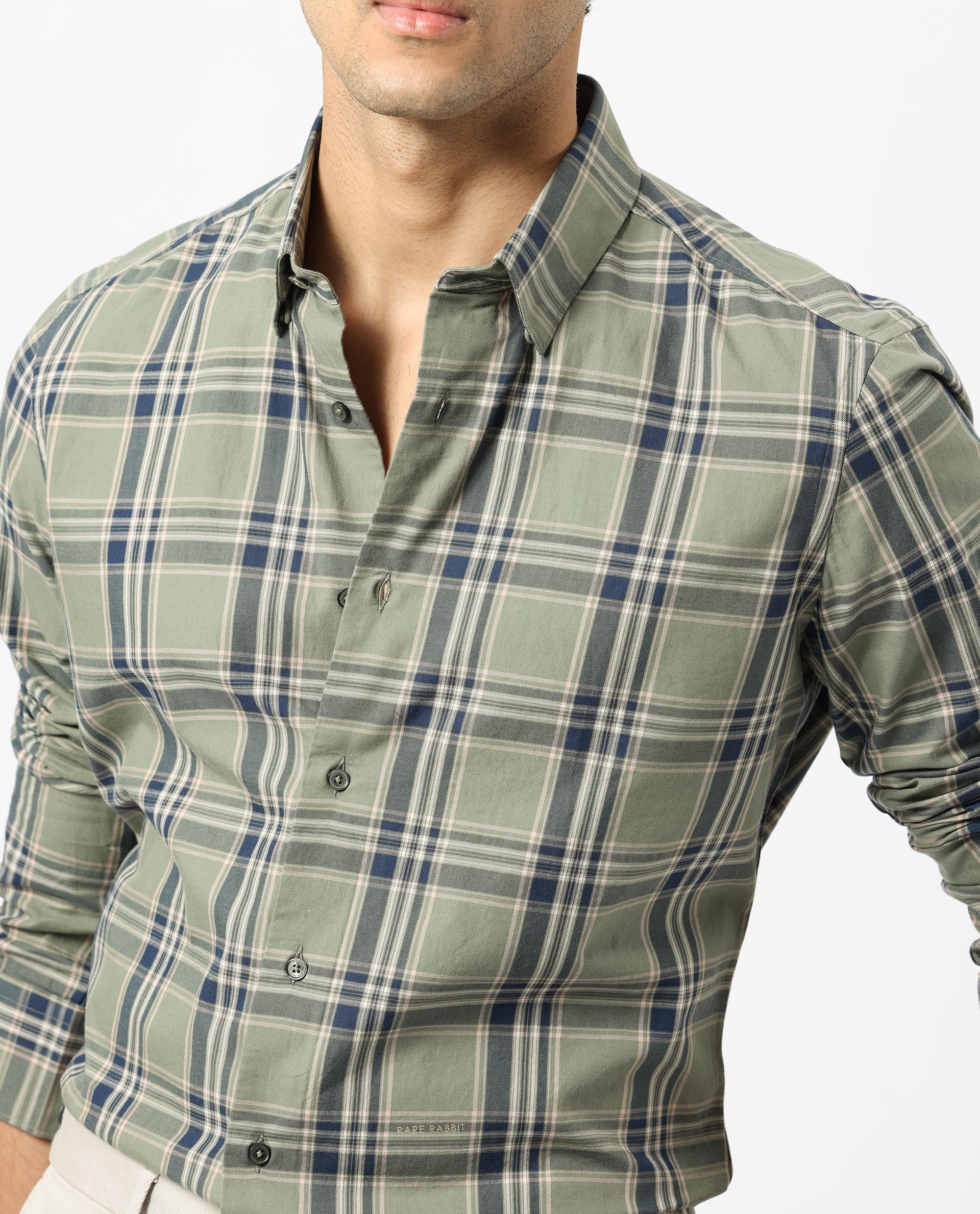 Rare Rabbit Men's Torrey Olive Cotton Fabric Full Sleeves Checks Shirt