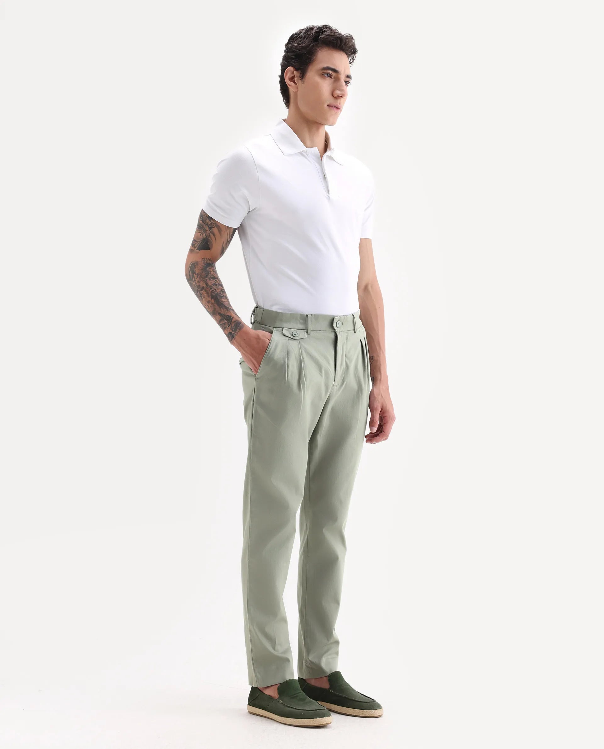 Rare Rabbit Men's Torro Dusky Green Cotton Blend Plain Regular Fit Trouser