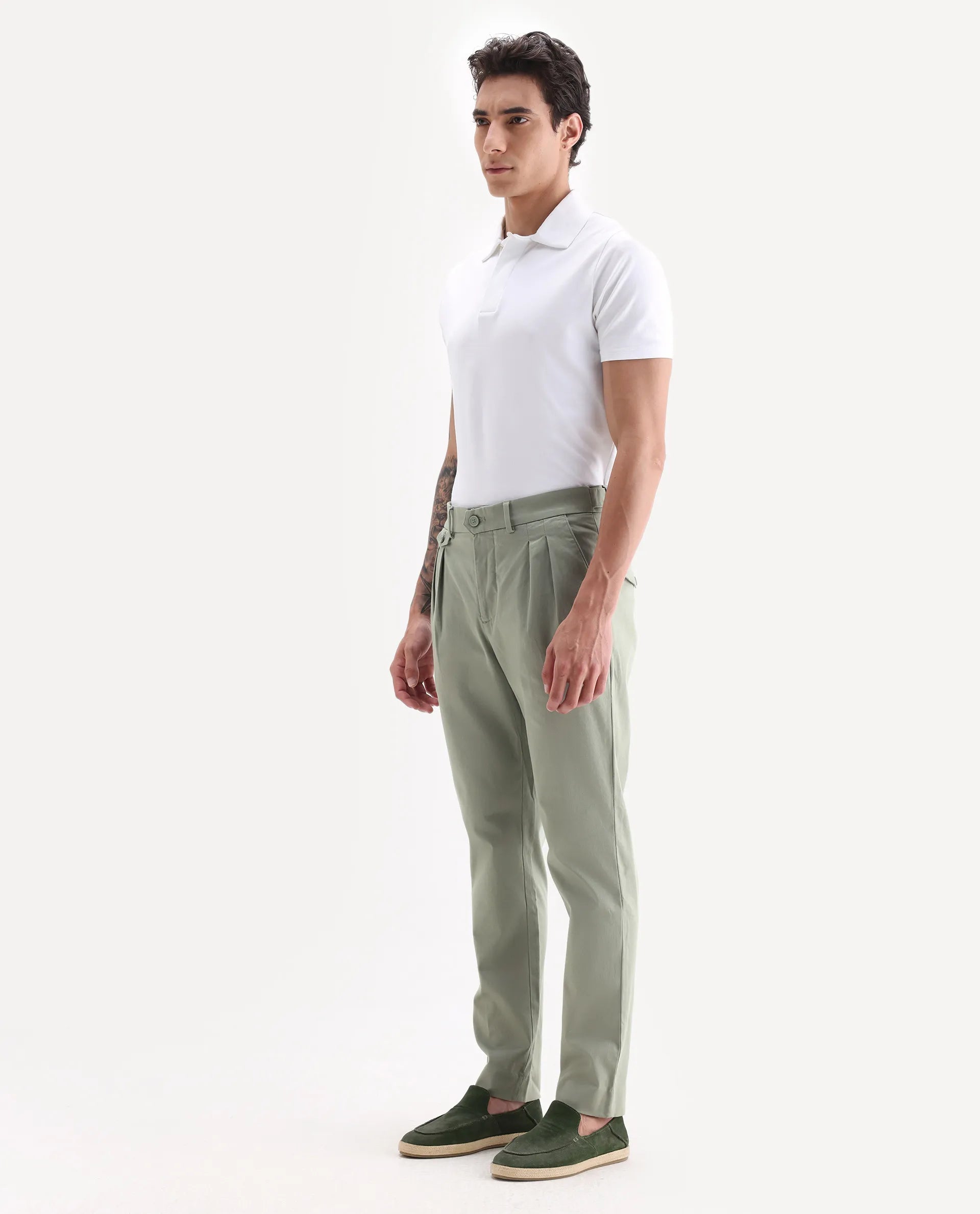 Rare Rabbit Men's Torro Dusky Green Cotton Blend Plain Regular Fit Trouser