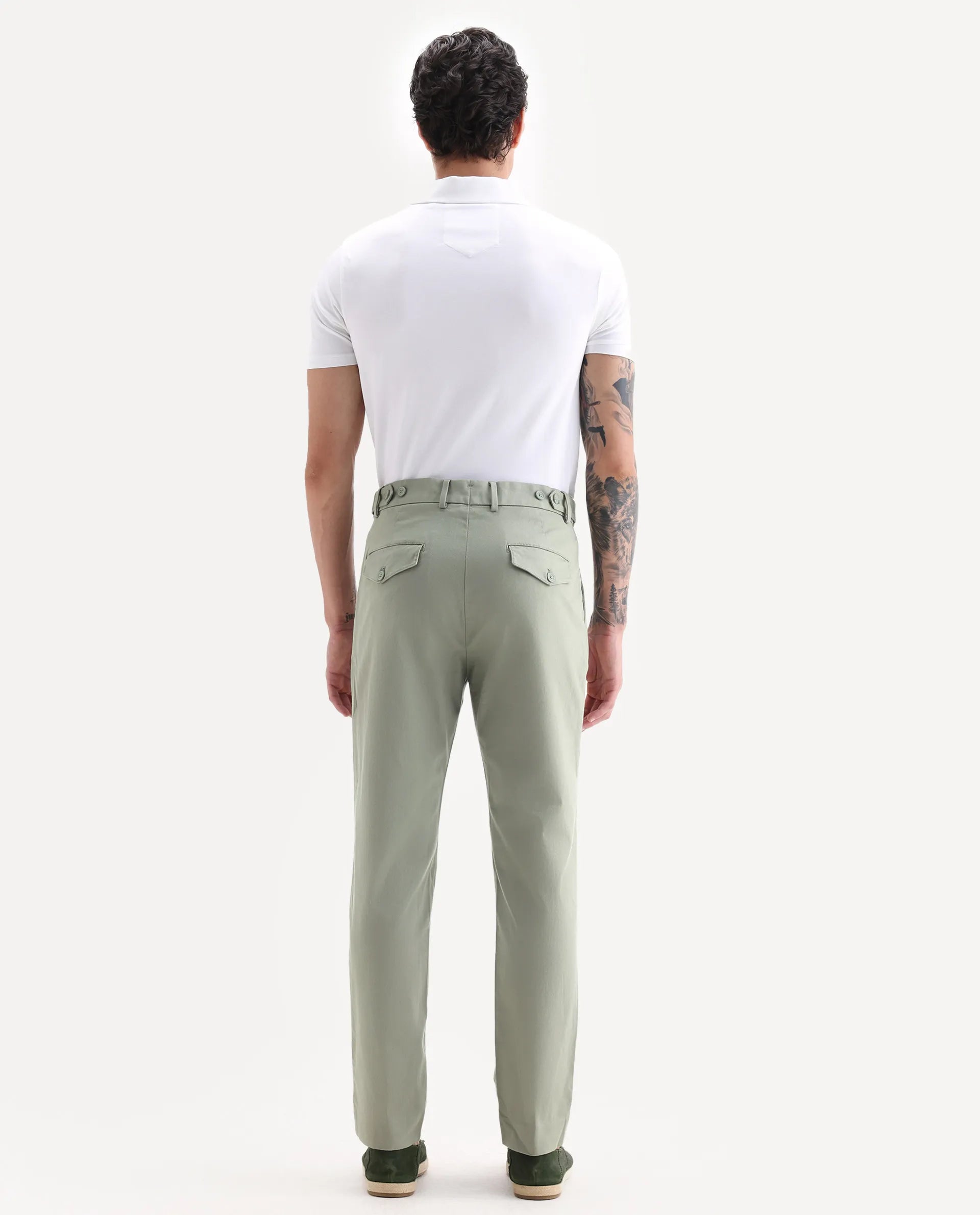Rare Rabbit Men's Torro Dusky Green Cotton Blend Plain Regular Fit Trouser