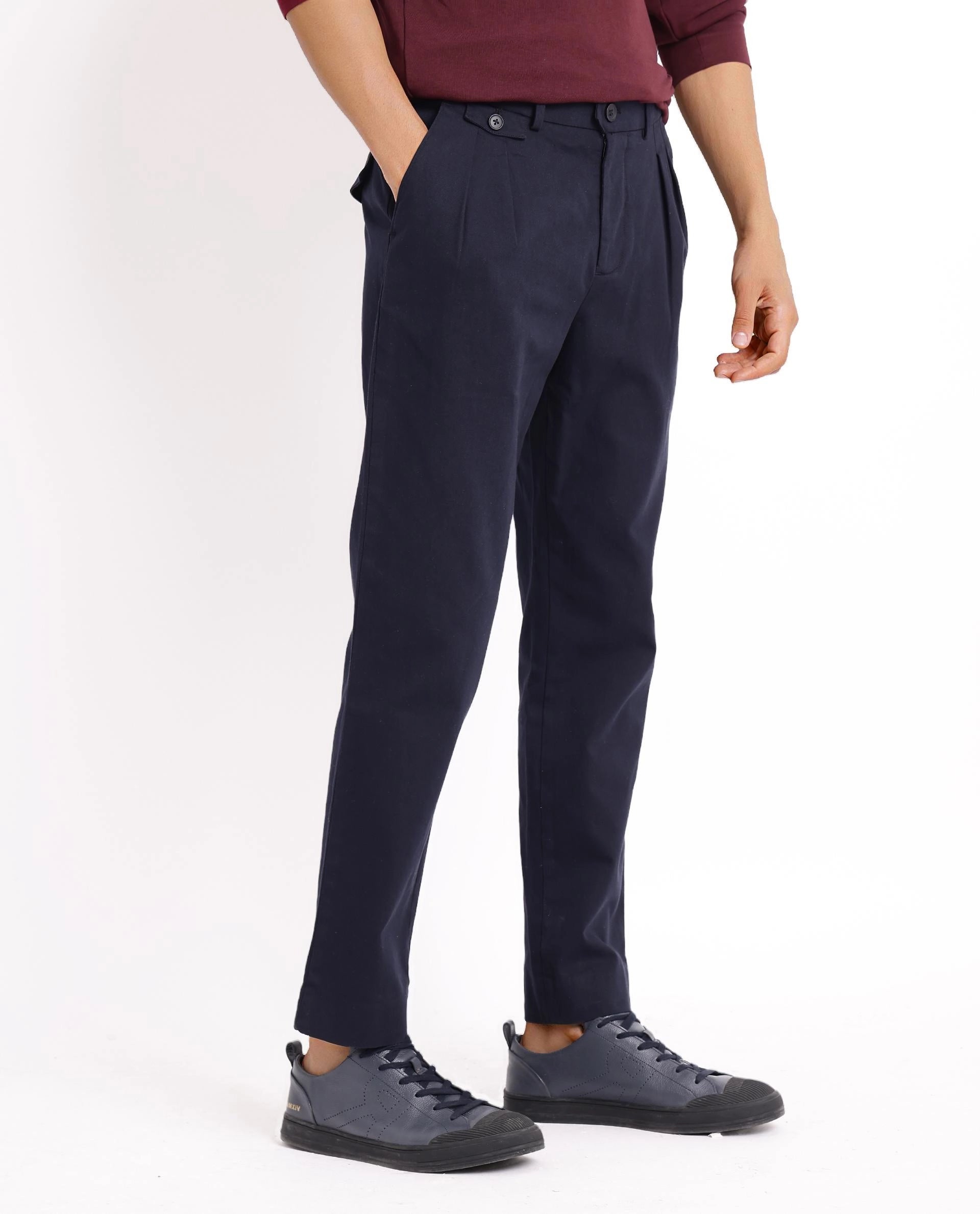 Rare Rabbit Men's Torro Dark Navy Cotton Fabric Solid Regular Fit Relaxed Pleated Trouser