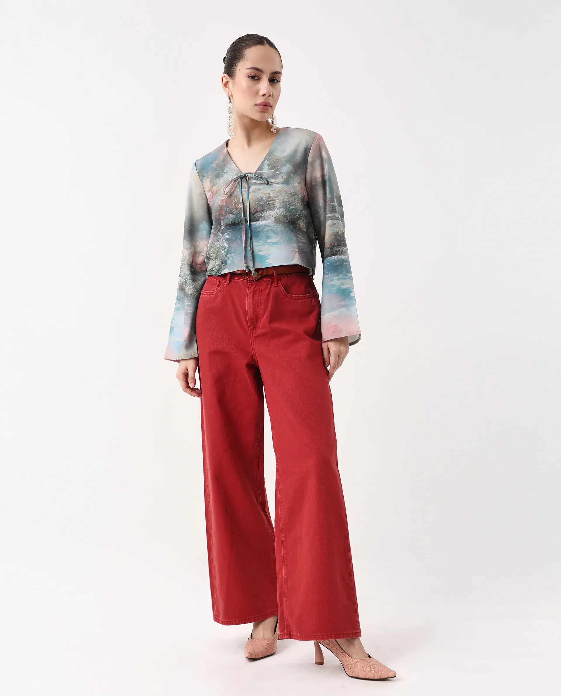 Rareism Women's Toulon Multi Satin V-Neck Abstract Print Bell Sleeve Crop Regular Fit Top