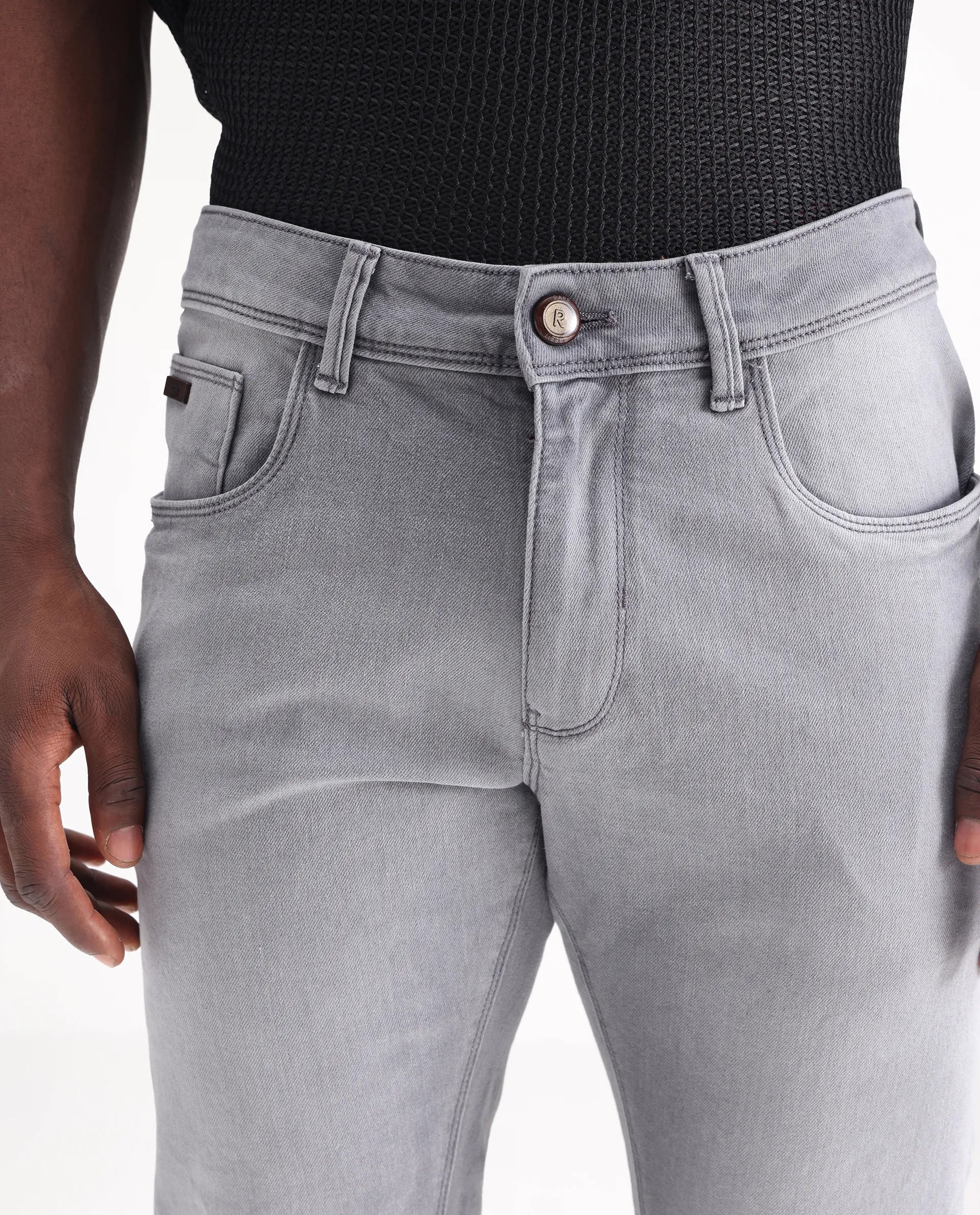 Rare Rabbit Men's Toulouse Light Grey Cotton Plain Hawk Slim Fit Jeans