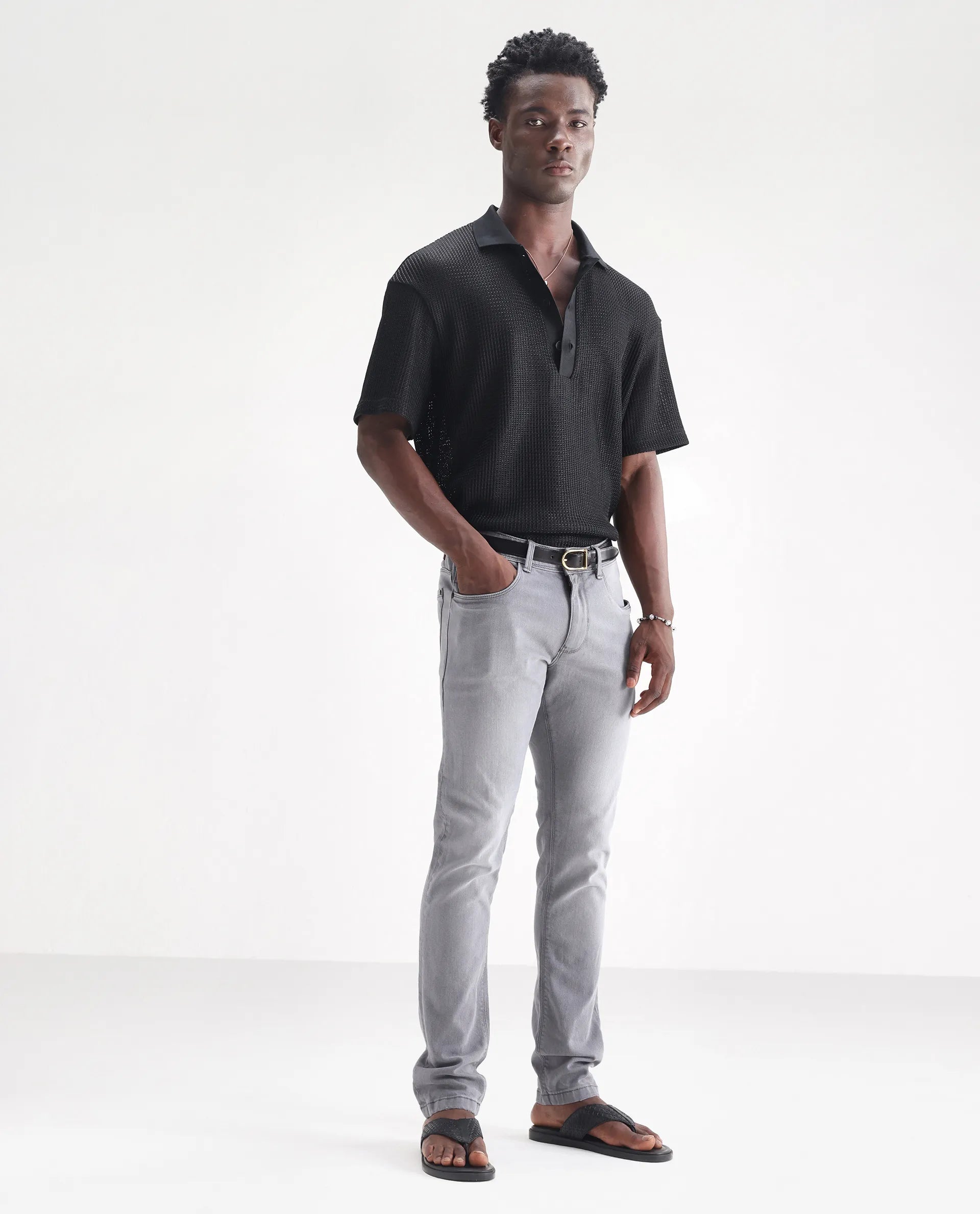 Rare Rabbit Men's Toulouse Light Grey Cotton Plain Hawk Slim Fit Jeans