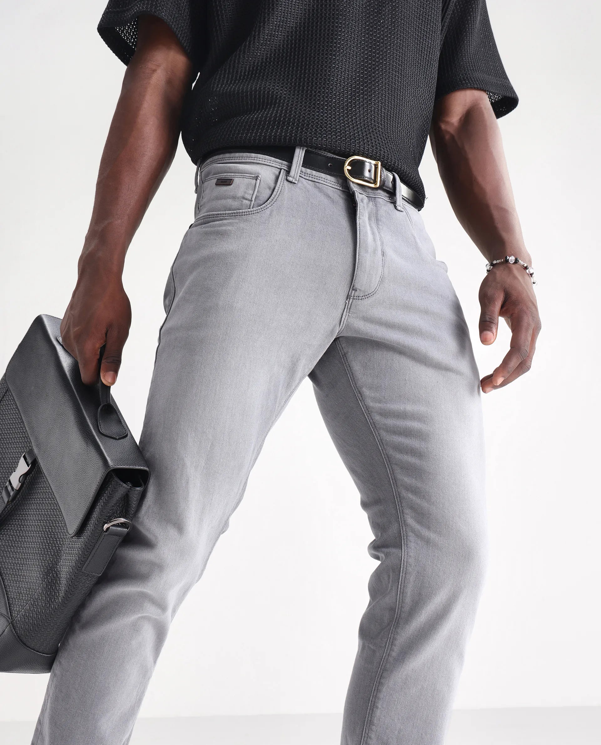 Rare Rabbit Men's Toulouse Light Grey Cotton Plain Hawk Slim Fit Jeans