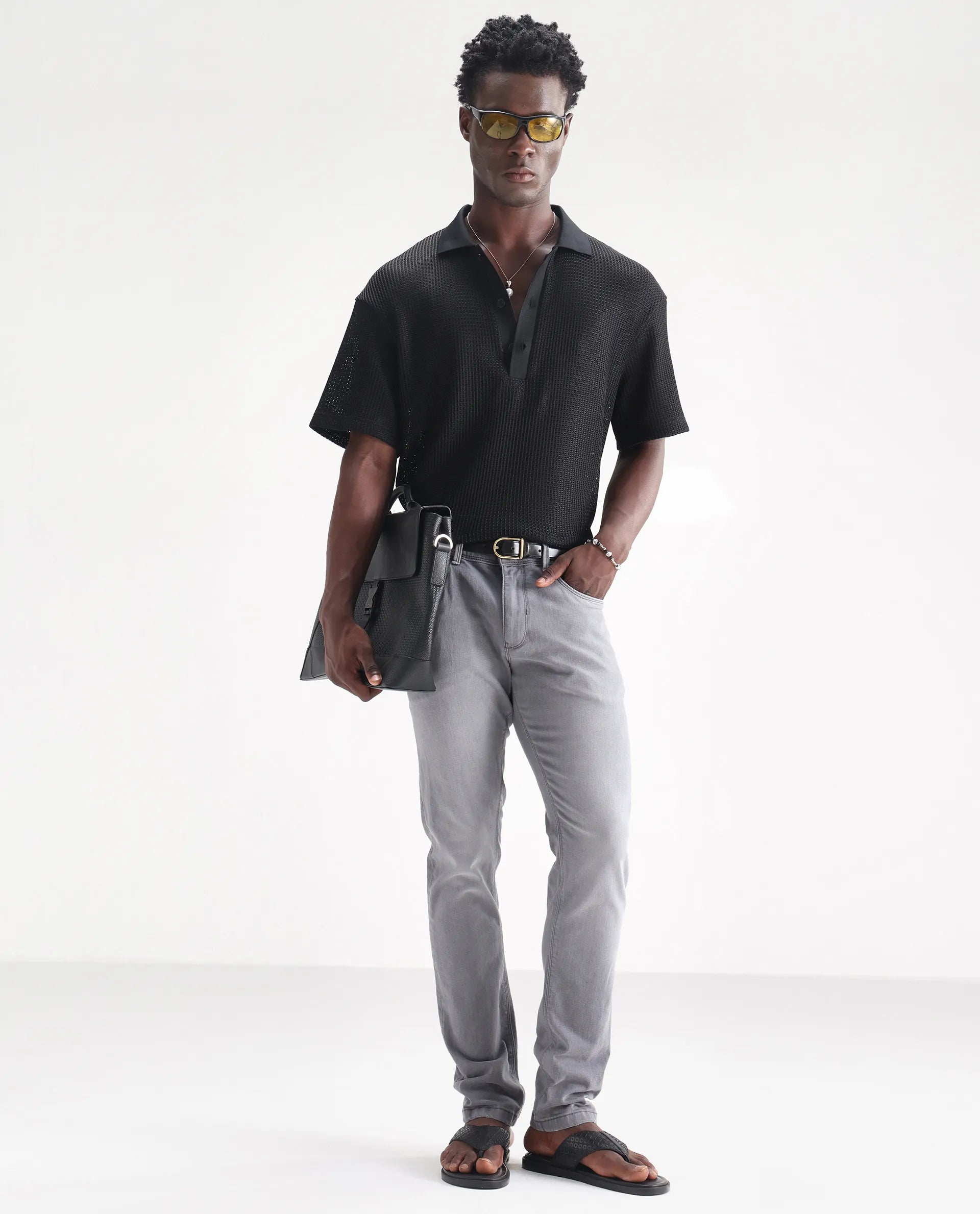 Rare Rabbit Men's Toulouse Light Grey Cotton Plain Hawk Slim Fit Jeans