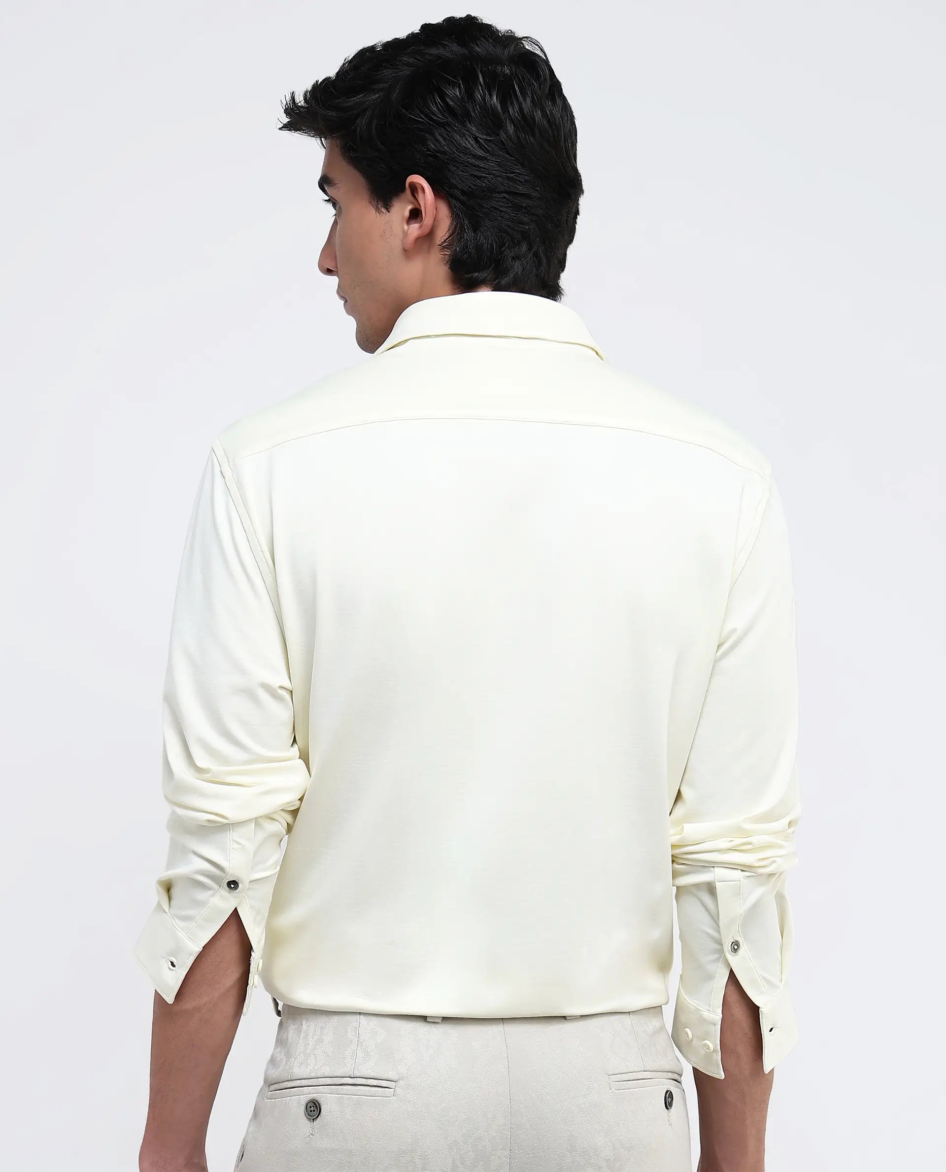 Rare Rabbit Men Tour Pastel Yellow Cotton Polyester Elastane Fabric Full Sleeve Collared Collar Button Closure Plain Knitted Formal Shirt