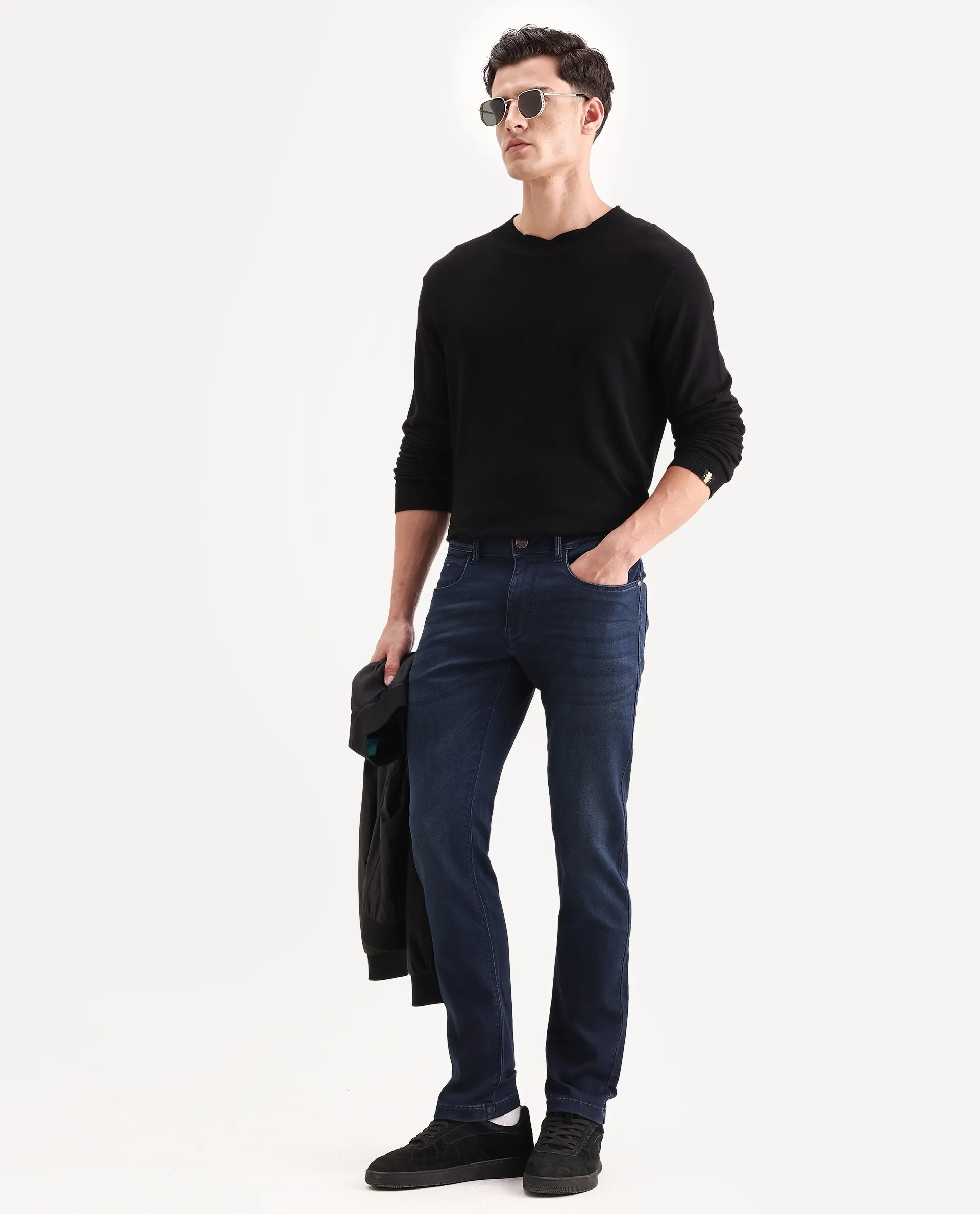 Rare Rabbit Men's Tours-2 Dark Blue Cotton Blend Fabric Hawk Slim Fit Jeans