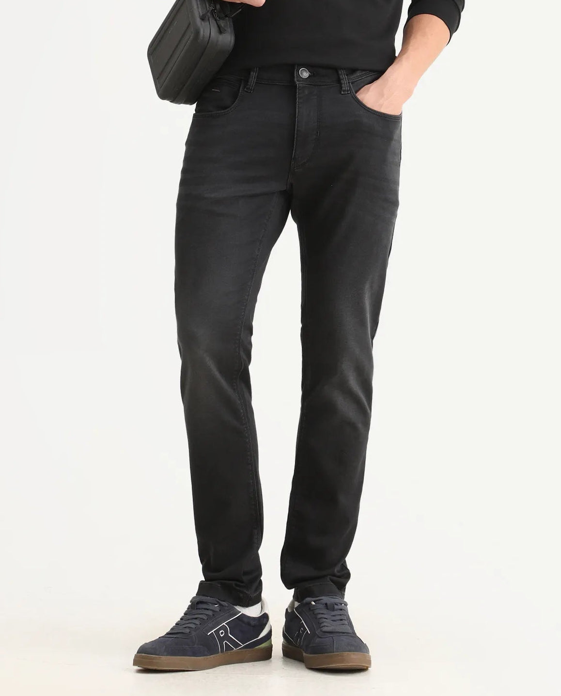 Rare Rabbit Men's Tours-1 Dark Grey Cotton Blend Fabric Hawk Slim Plain Jeans