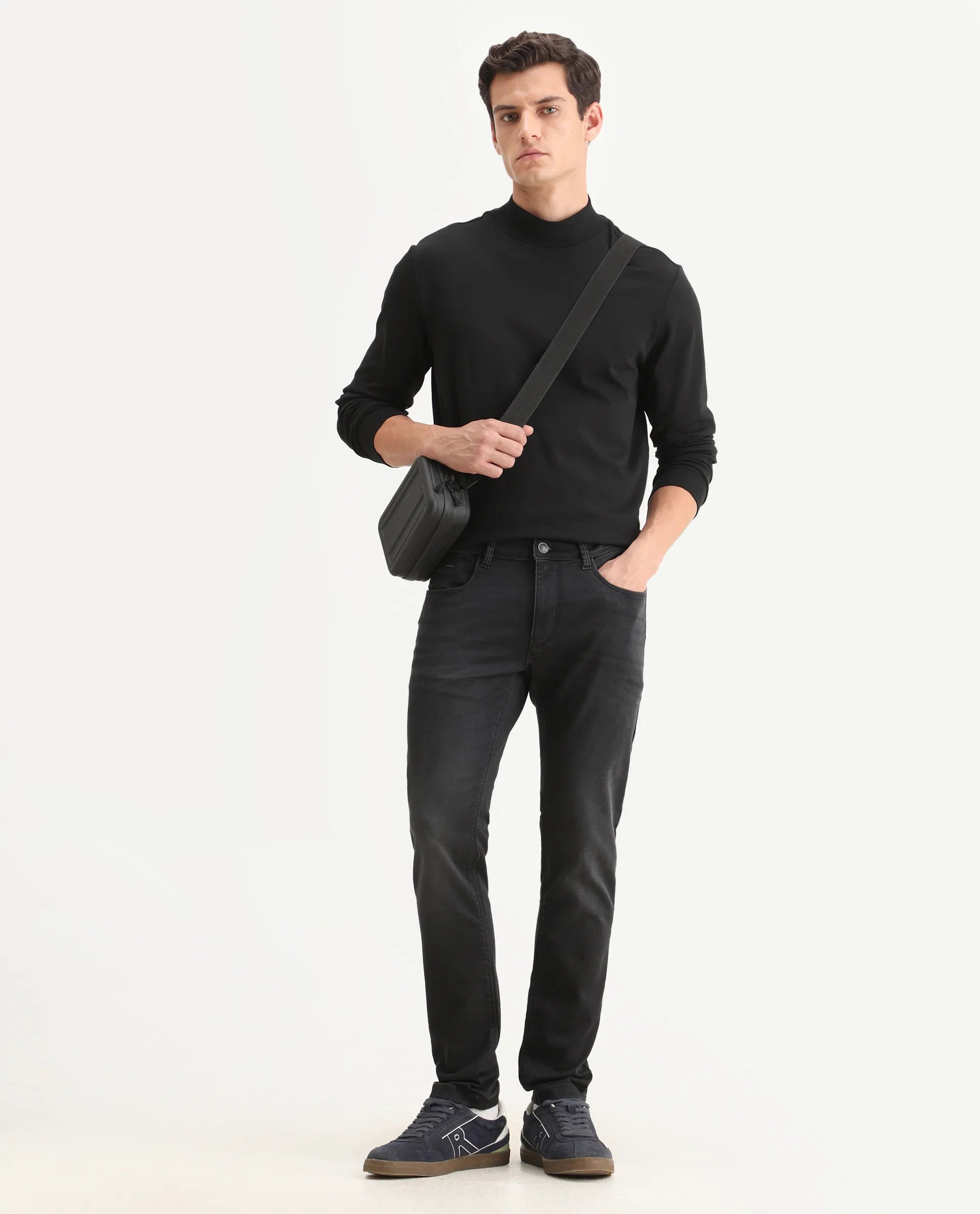 Rare Rabbit Men's Tours-1 Dark Grey Cotton Blend Fabric Hawk Slim Plain Jeans