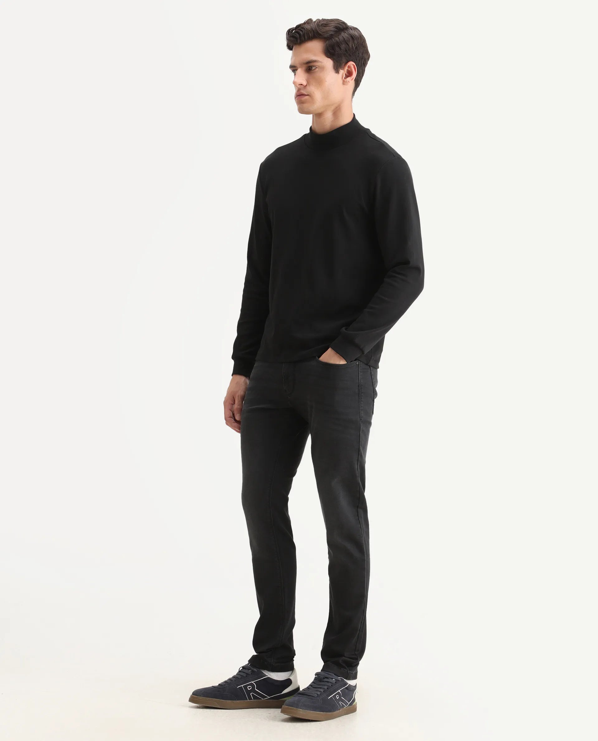 Rare Rabbit Men's Tours-1 Dark Grey Cotton Blend Fabric Hawk Slim Plain Jeans