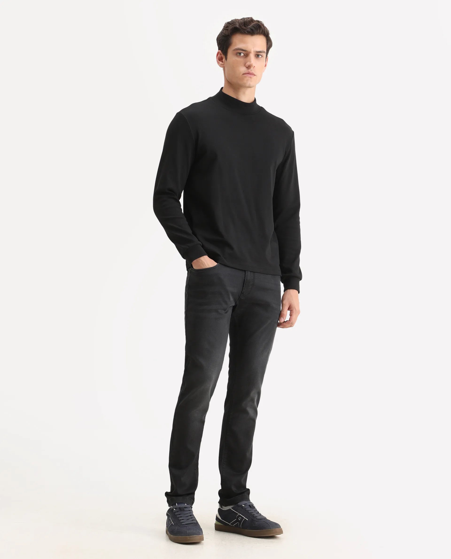 Rare Rabbit Men's Tours-1 Dark Grey Cotton Blend Fabric Hawk Slim Plain Jeans