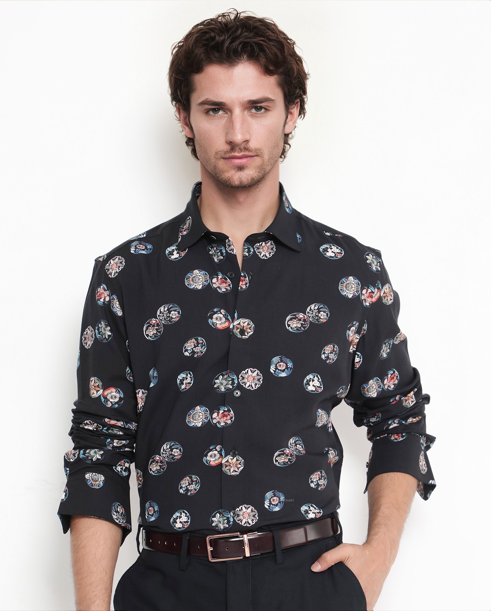Rare Rabbit Men's Towen Ls Black Viscose Fabric Full Sleeves Regular Fit Floral Print Shirt